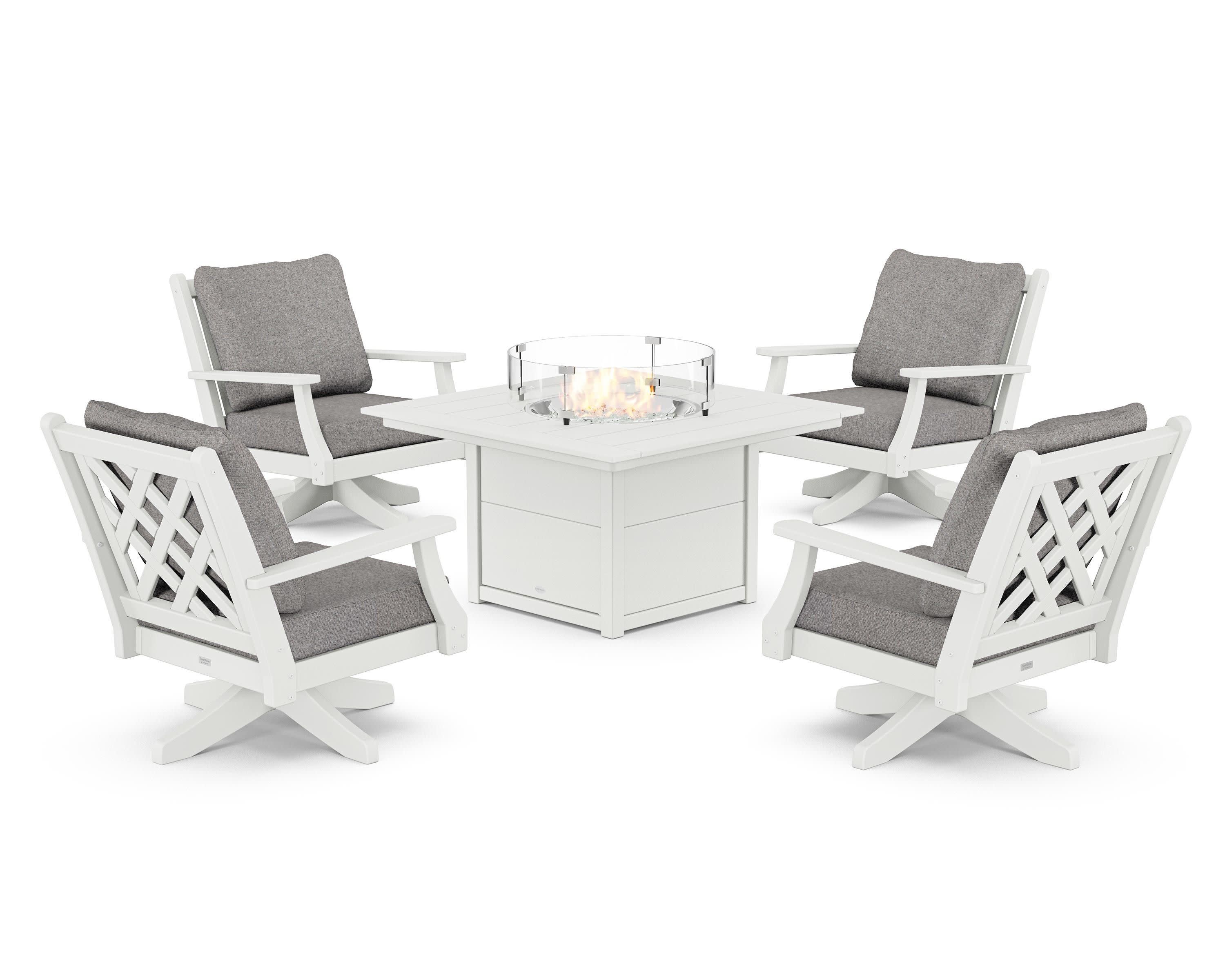 Wovendale 5-Piece Deep Seating Swivel Conversation Set with Fire Pit Table in White / Grey Mist