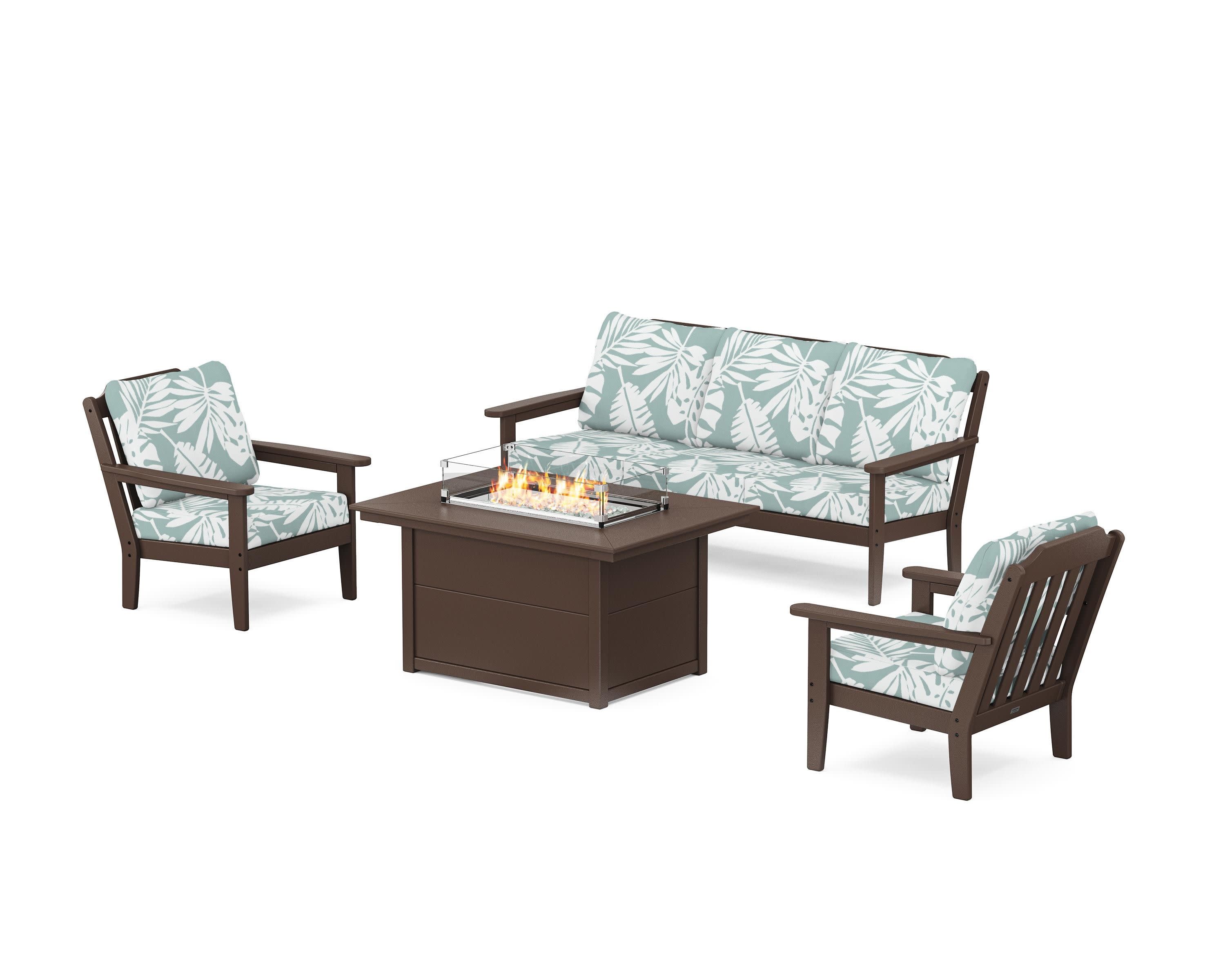 Cottage Deep Seating Fire Pit Table Set in Mahogany / Leaf Glacier Spa