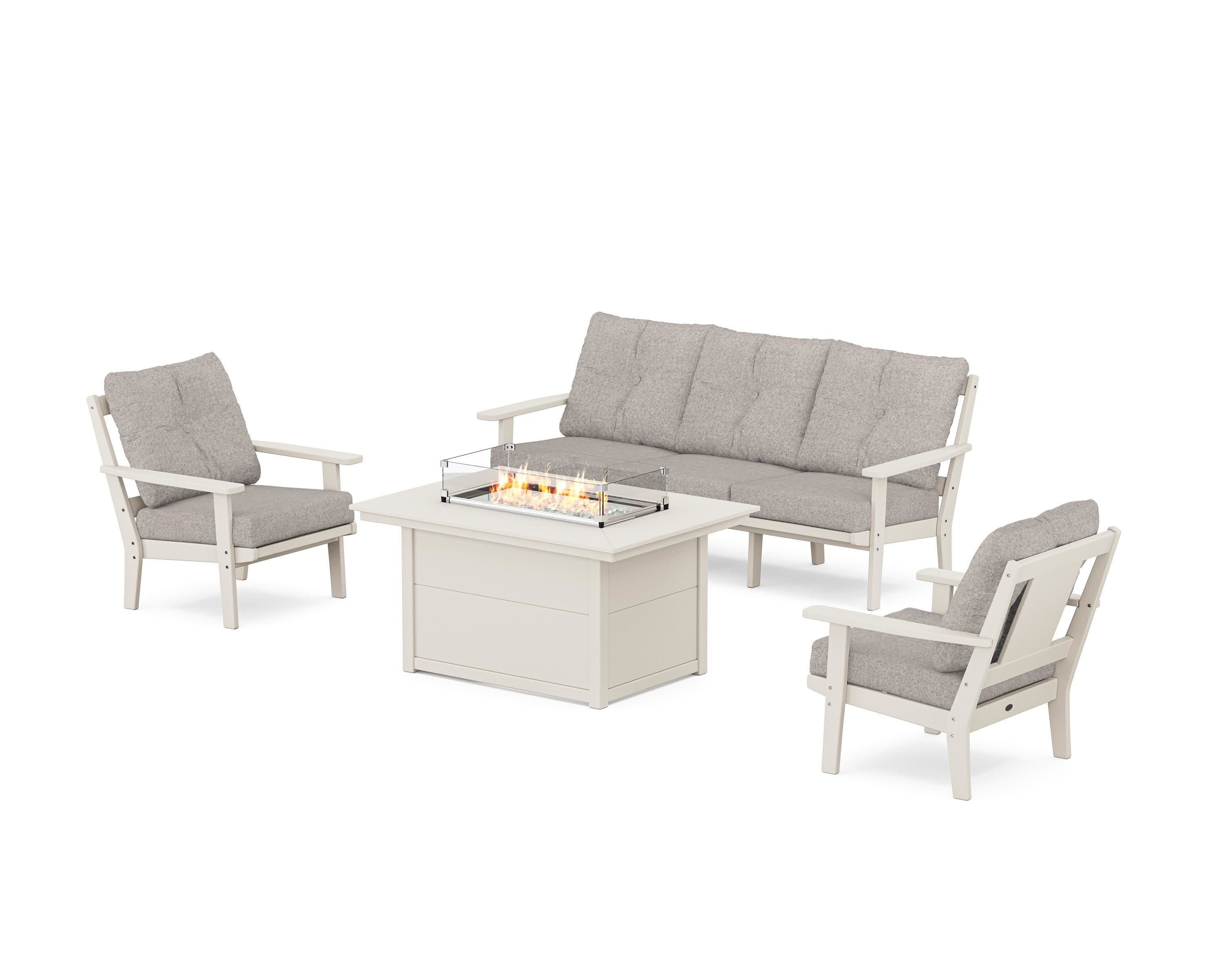 Prairie Deep Seating Fire Pit Table Set in Sand / Weathered Tweed