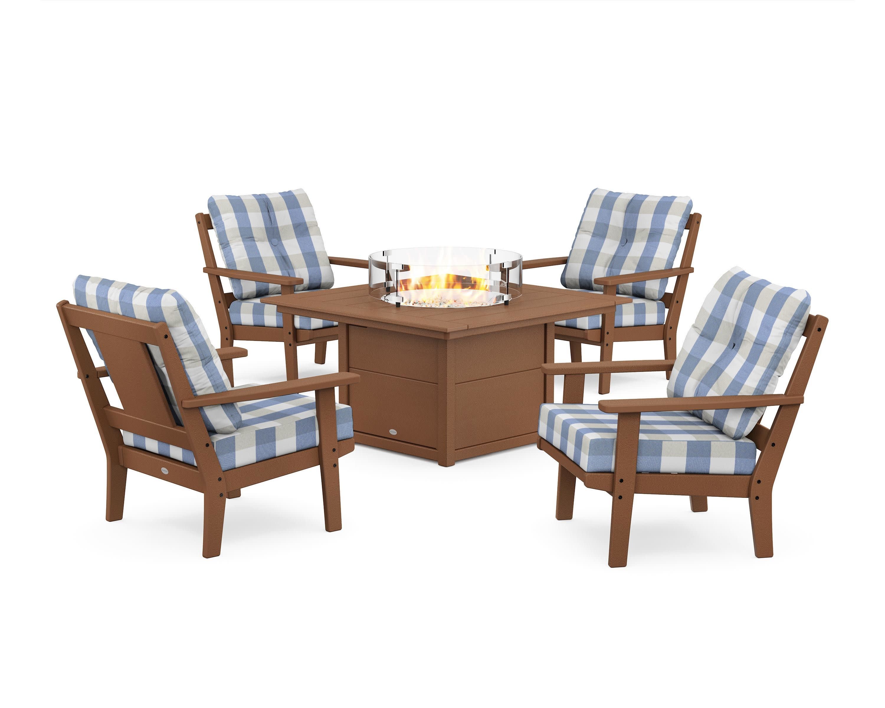 Prairie 5-Piece Deep Seating Set with Fire Pit Table in Teak / Buffalo Plaid Sky Blue