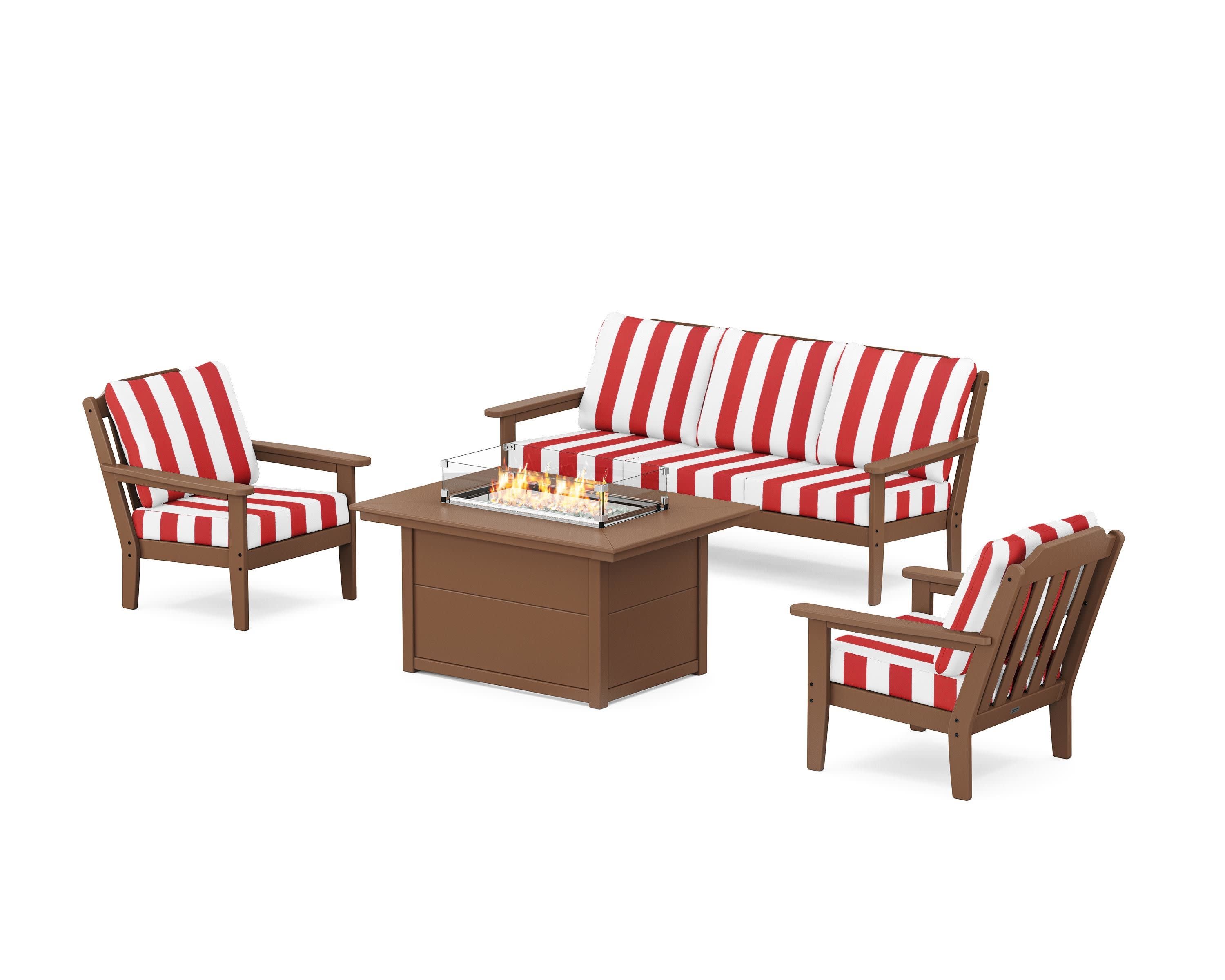 Cottage Deep Seating Fire Pit Table Set in Teak / Cabana Stripe Crimson