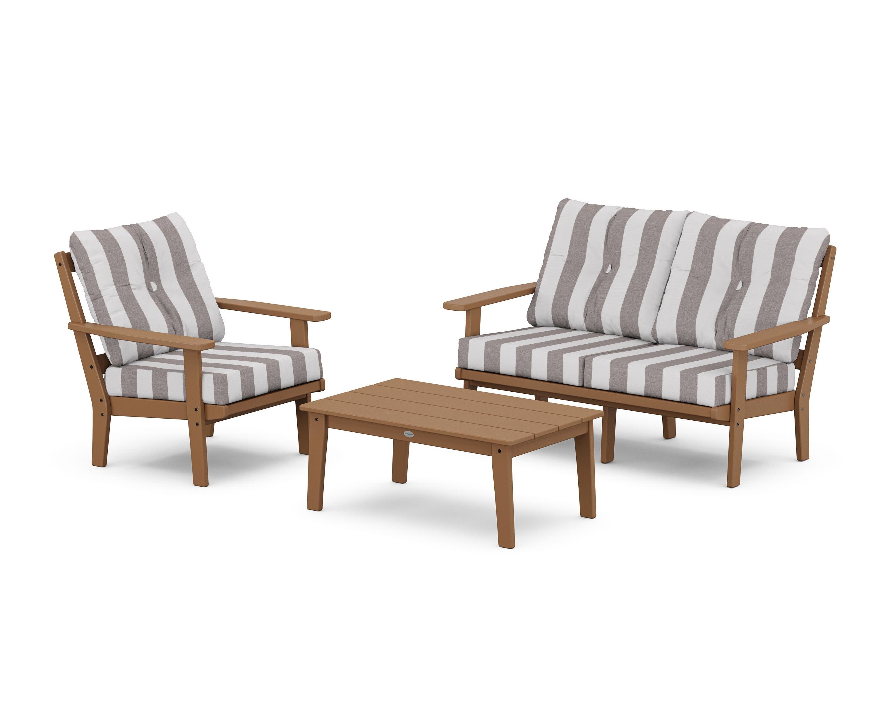 Prairie 3-Piece Deep Seating Set with Loveseat in Teak / Cabana Stripe Grey Mist
