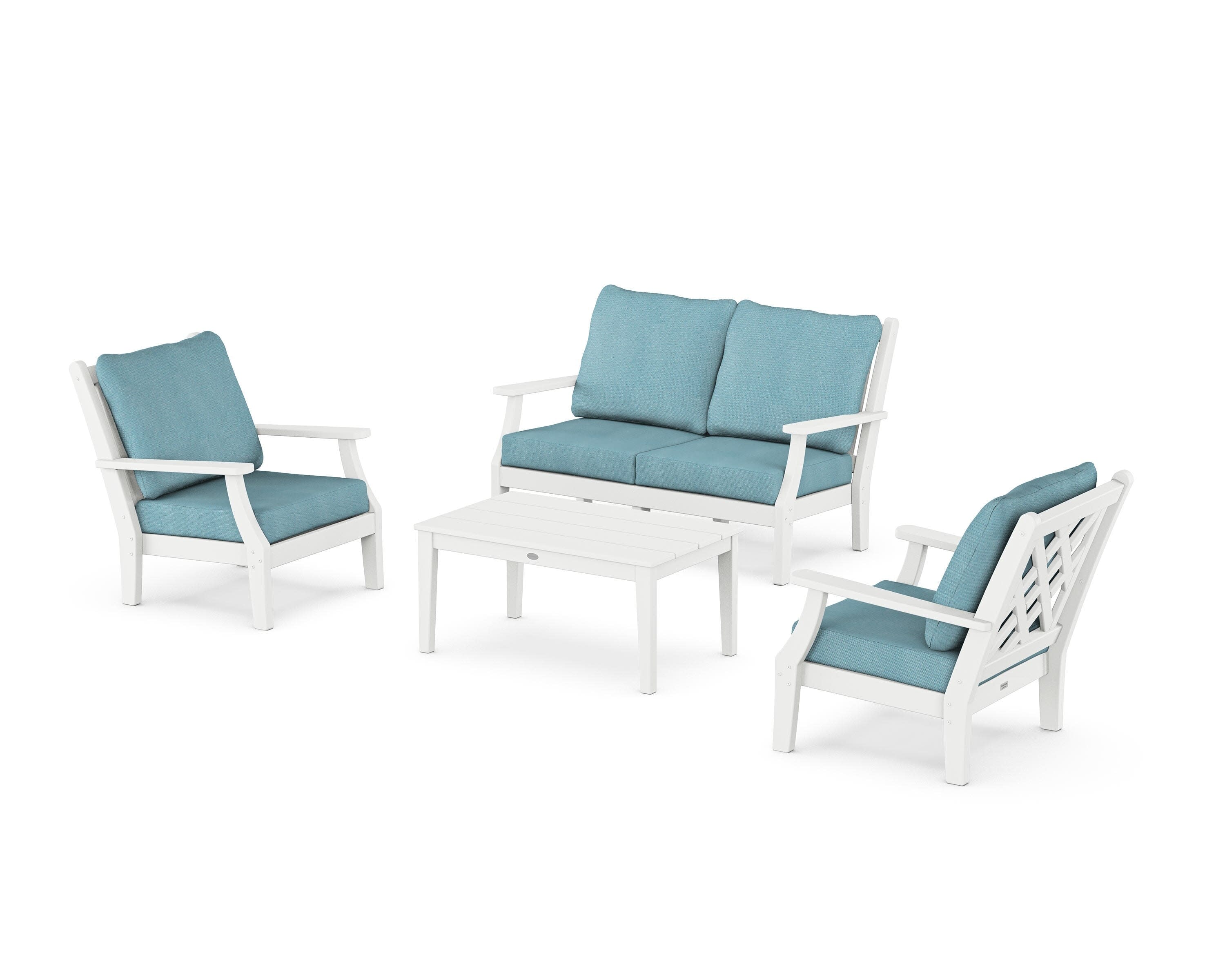 Wovendale 4-Piece Deep Seating Set with Loveseat in White / Lattice Sky Blue