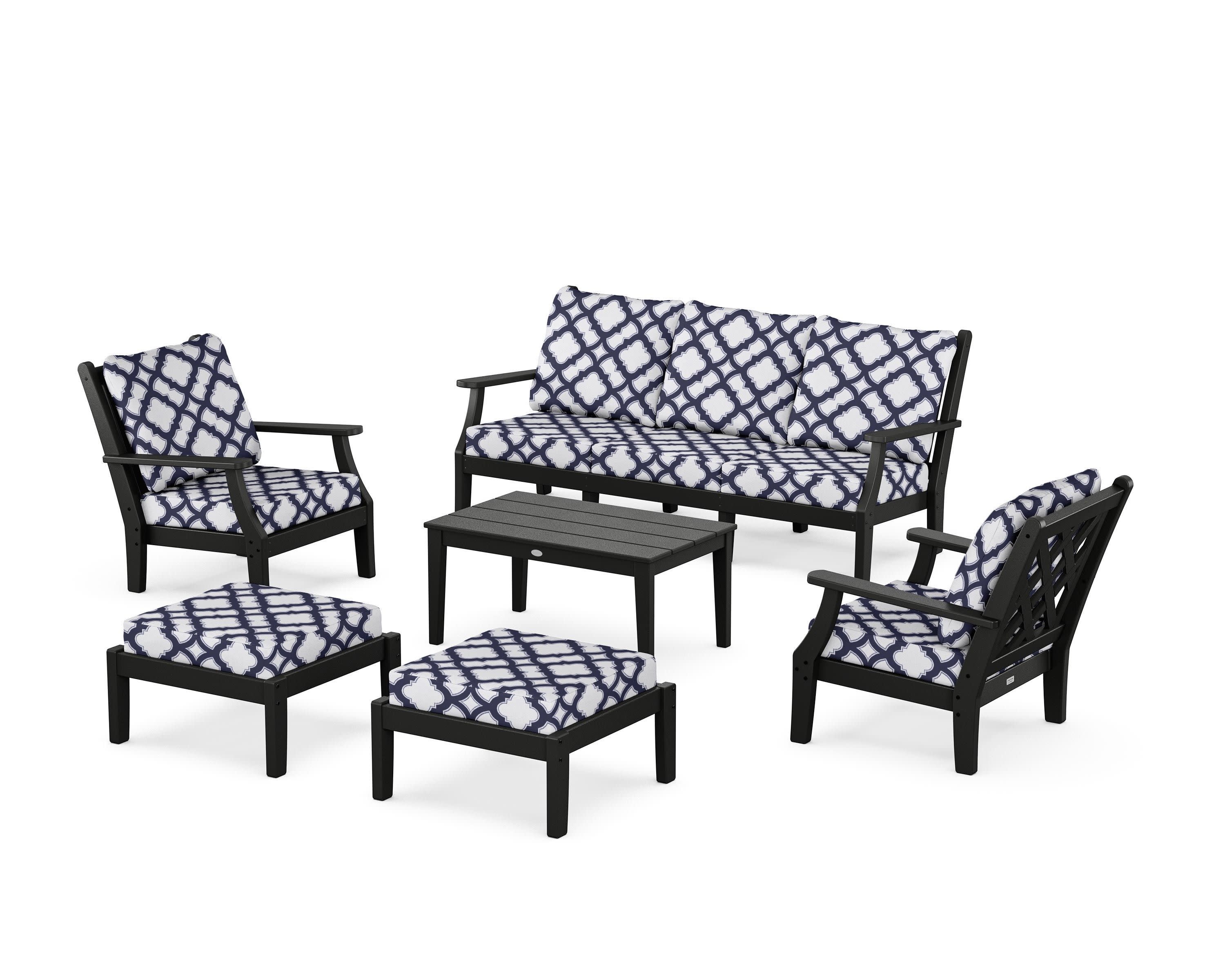 Wovendale 6-Piece Lounge Sofa Set in Black / Trellis Navy