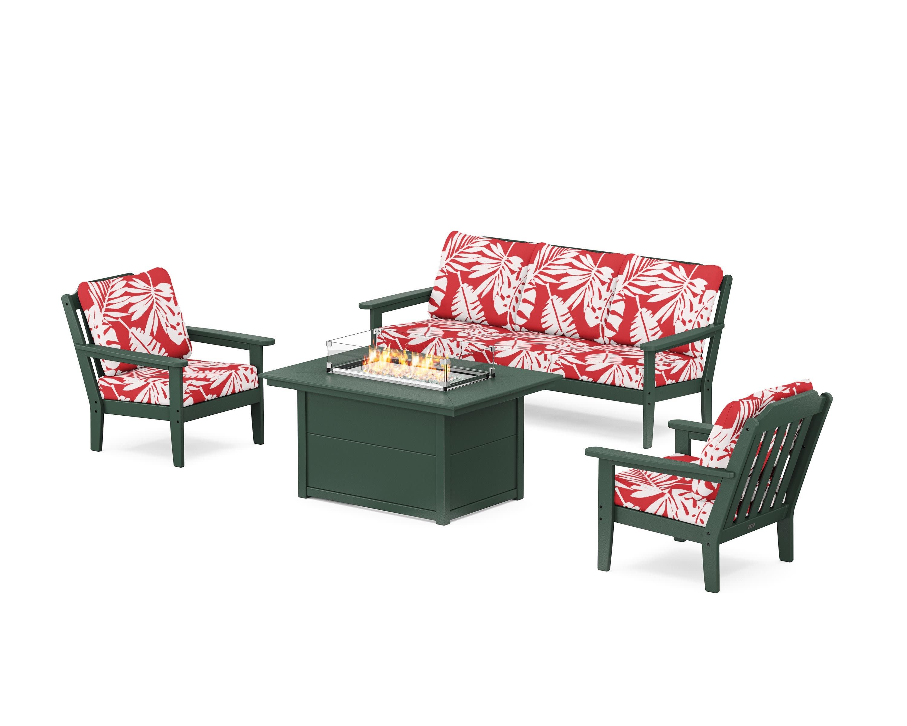 Cottage Deep Seating Fire Pit Table Set in Green / Leaf Crimson