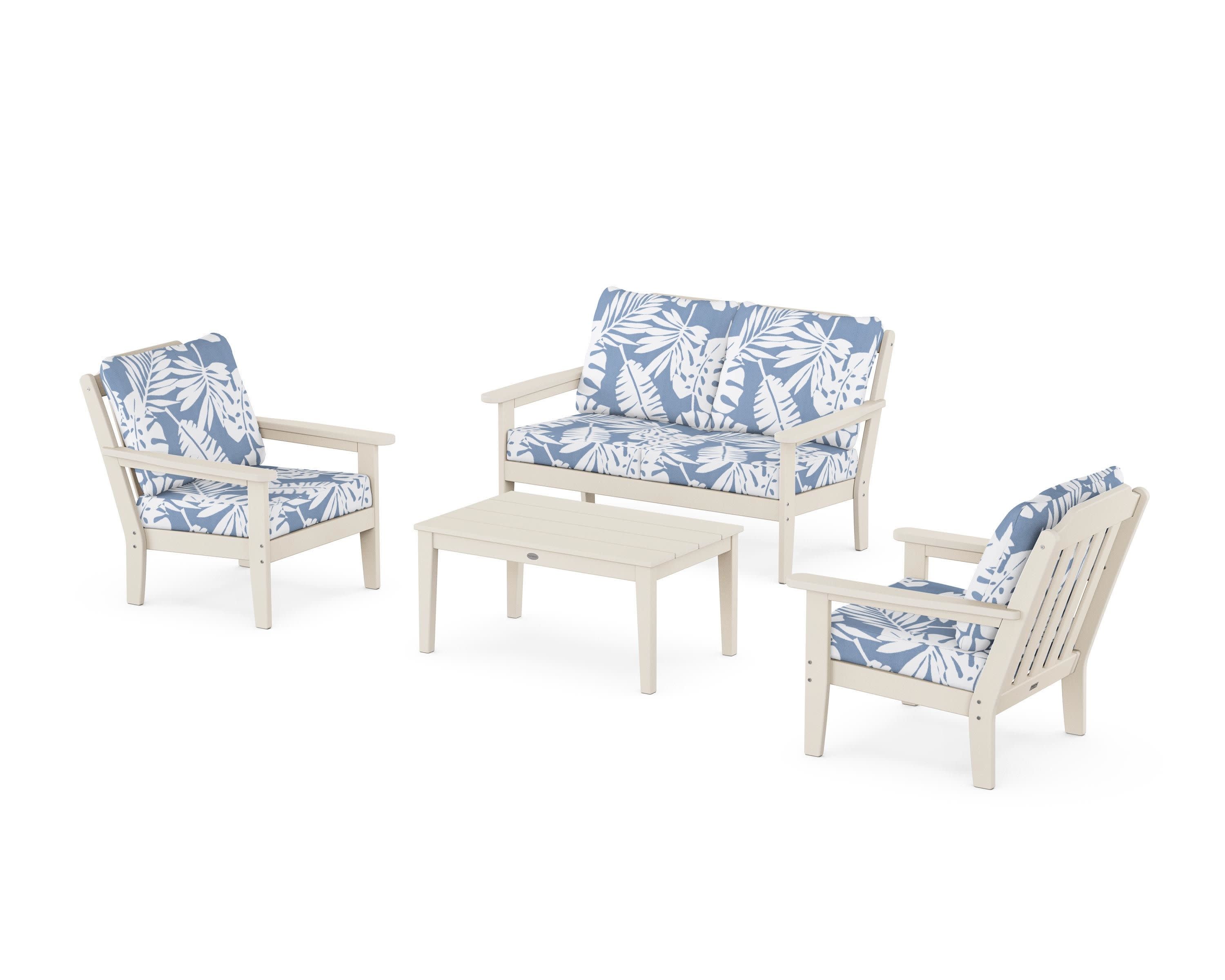 Cottage 4-Piece Deep Seating Set with Loveseat in Sand / Leaf Sky Blue