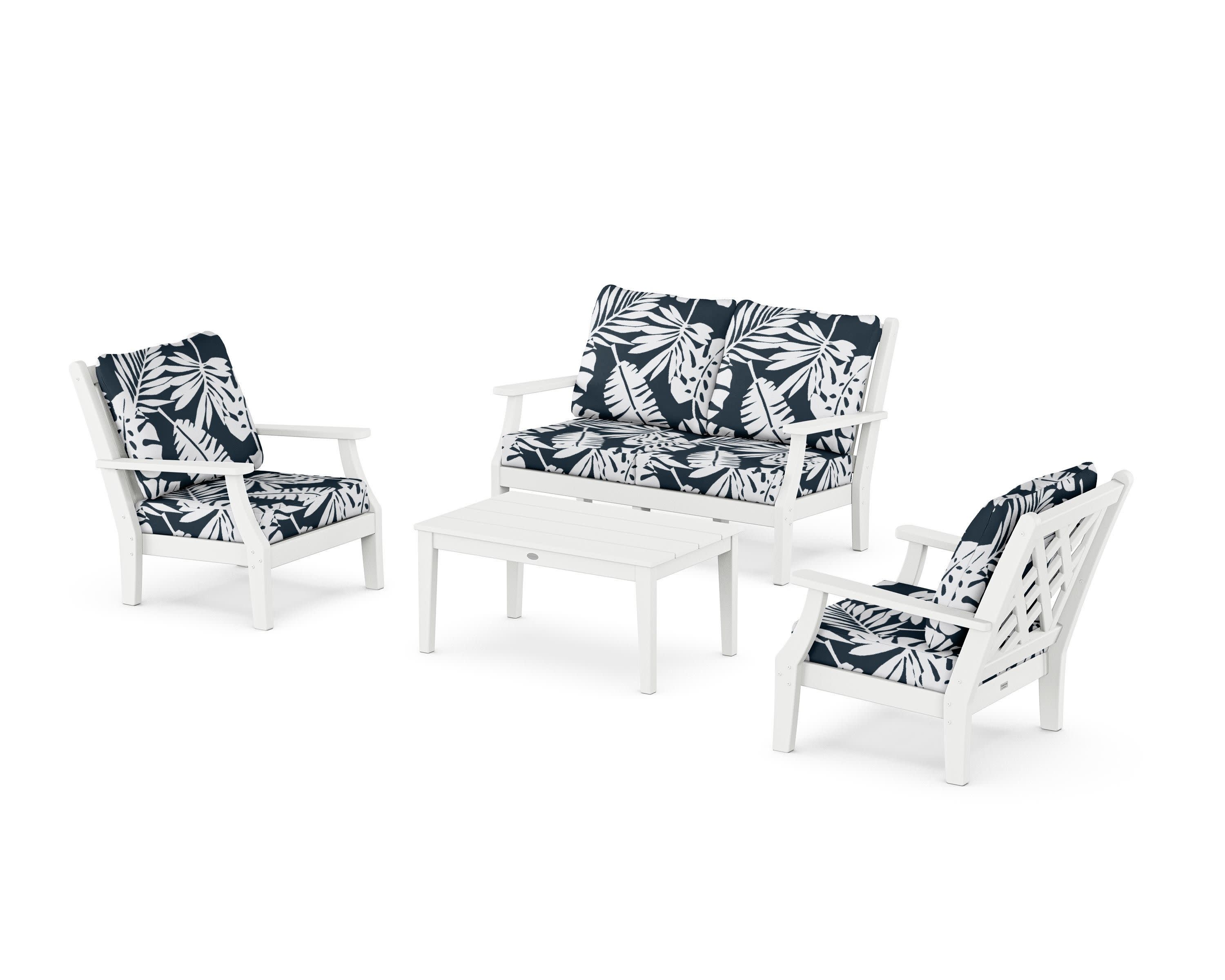 Wovendale 4-Piece Deep Seating Set with Loveseat in White / Leaf Marine Indigo