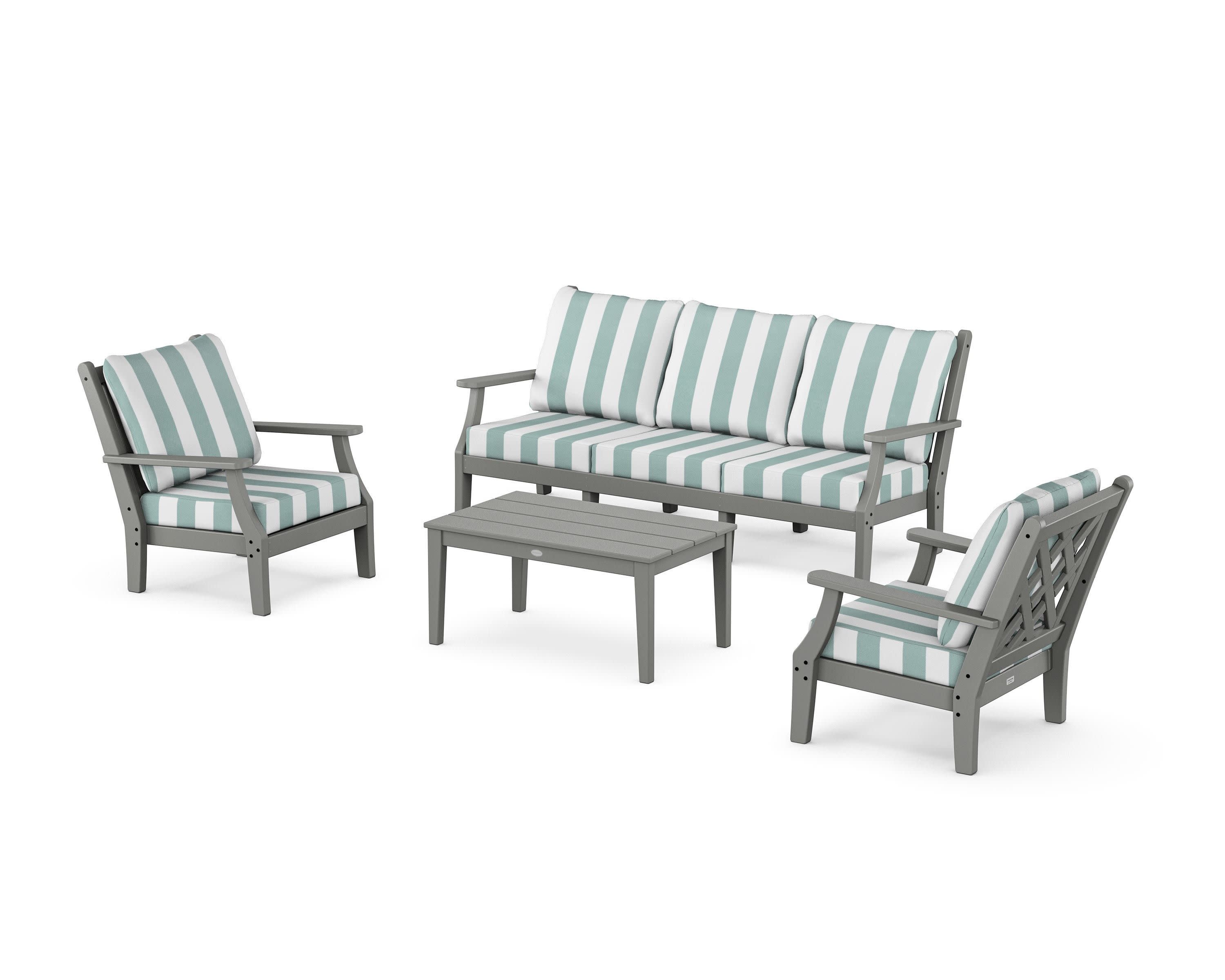 Wovendale 4-Piece Deep Seating Set with Sofa in Slate Grey / Cabana Stripe Glacier Spa