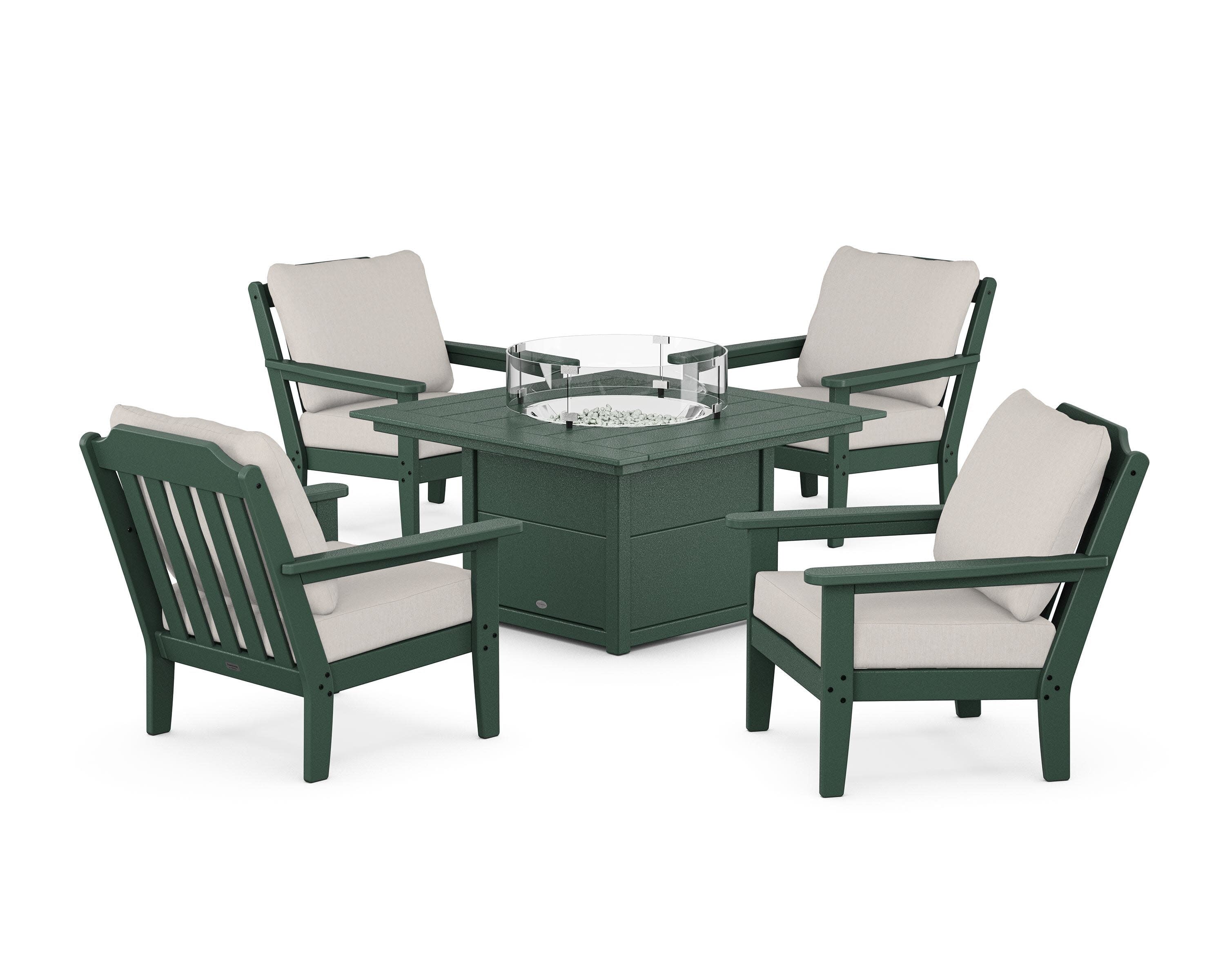 Cottage 5-Piece Deep Seating Set with Fire Pit Table in Green / Cast Ash