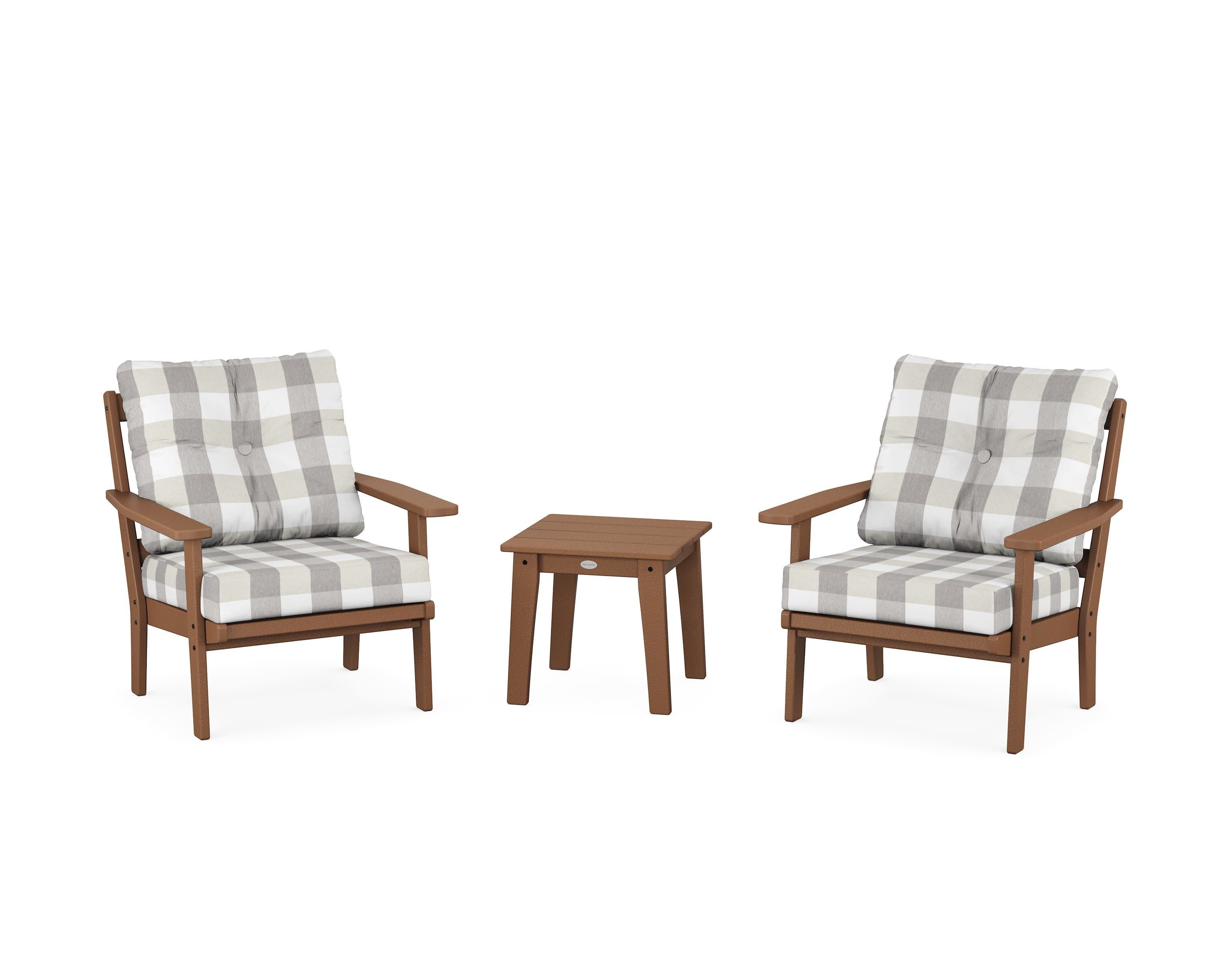 Prairie 3-Piece Deep Seating Set in Teak / Buffalo Plaid Grey Mist