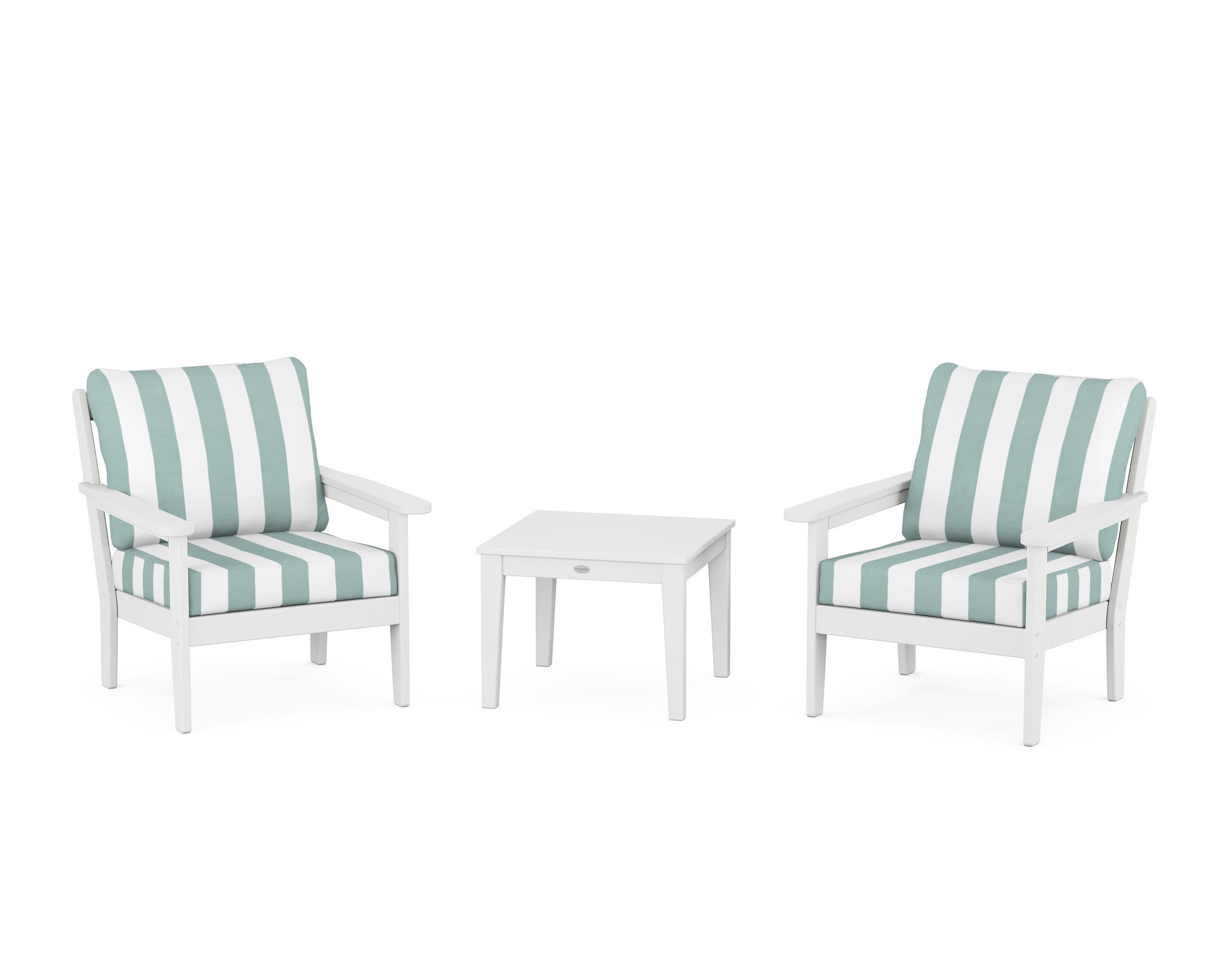 Cottage 3-Piece Deep Seating Set in White / Cabana Stripe Glacier Spa