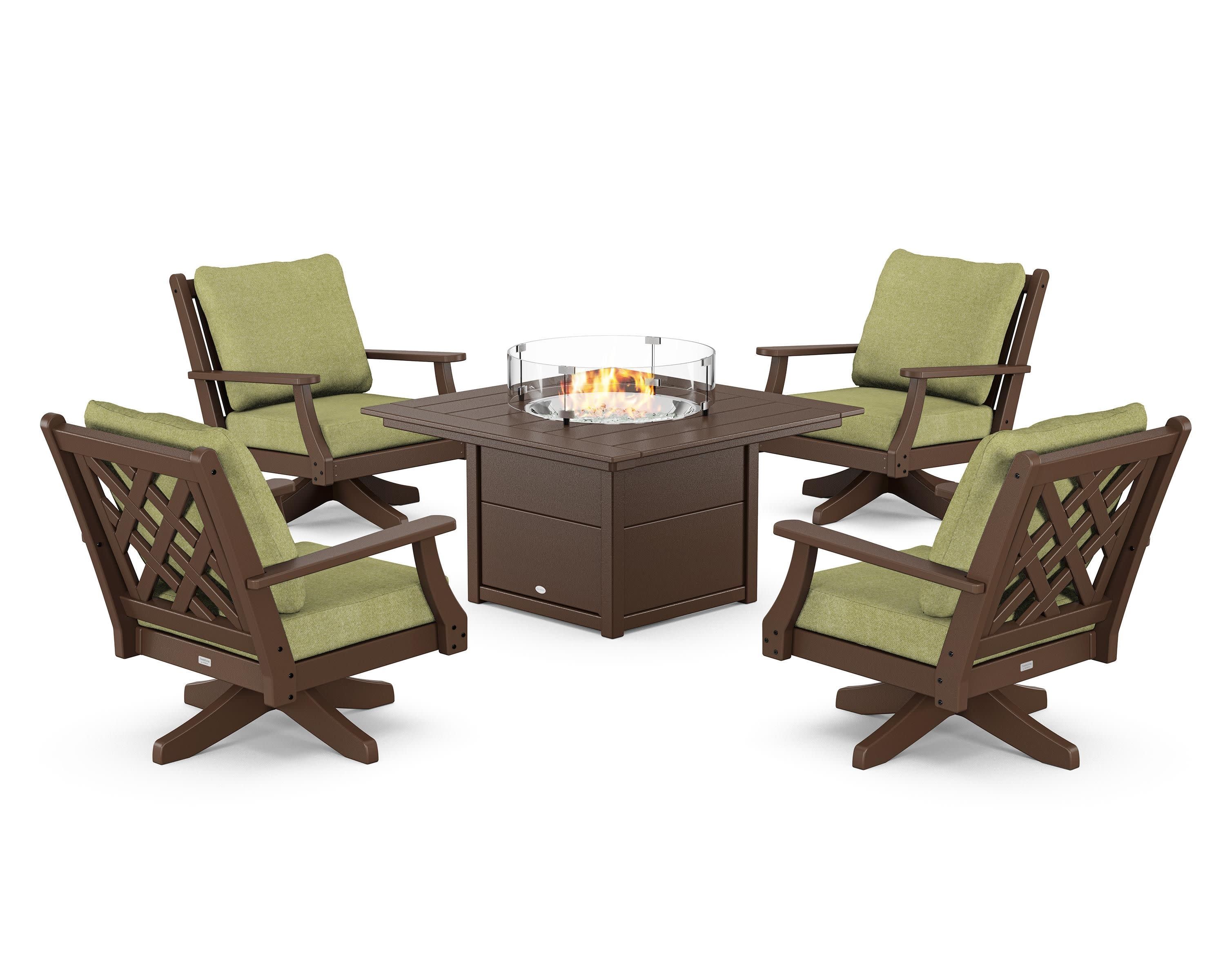Wovendale 5-Piece Deep Seating Swivel Conversation Set with Fire Pit Table in Mahogany / Chartreuse Boucle