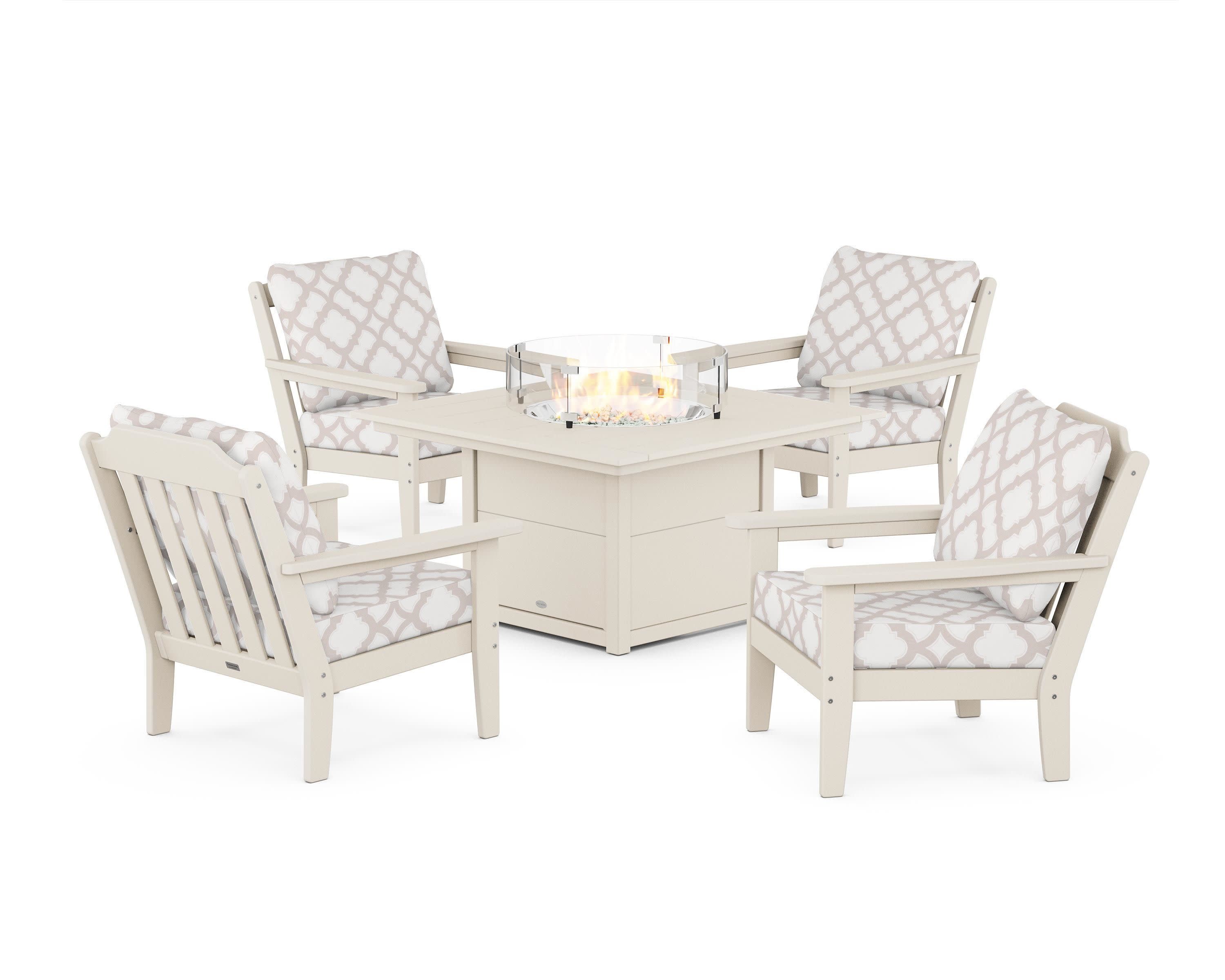 Cottage 5-Piece Deep Seating Set with Fire Pit Table in Sand / Trellis Dune Burlap