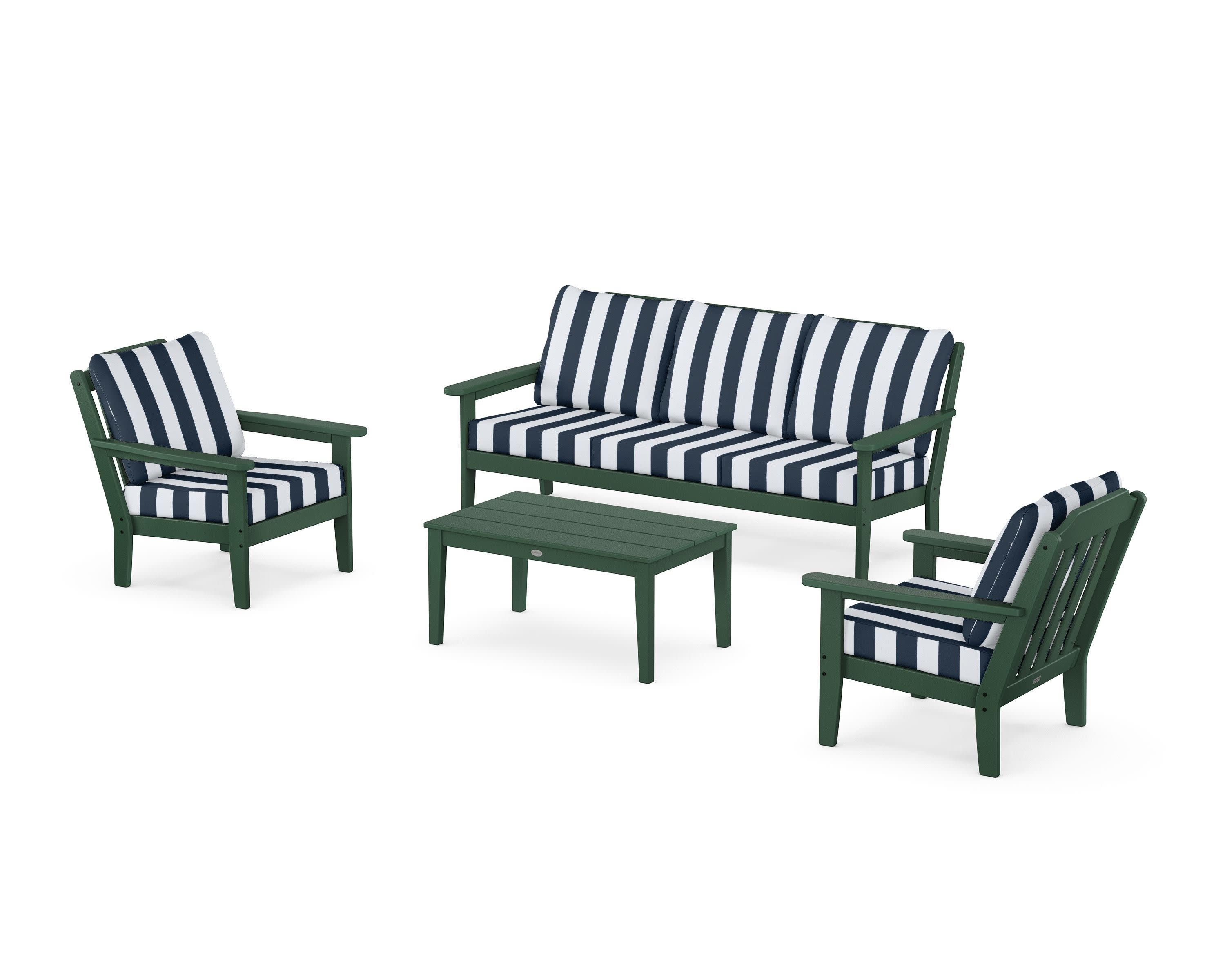 Cottage 4-Piece Deep Seating Set with Sofa in Green / Cabana Stripe Marine Indigo