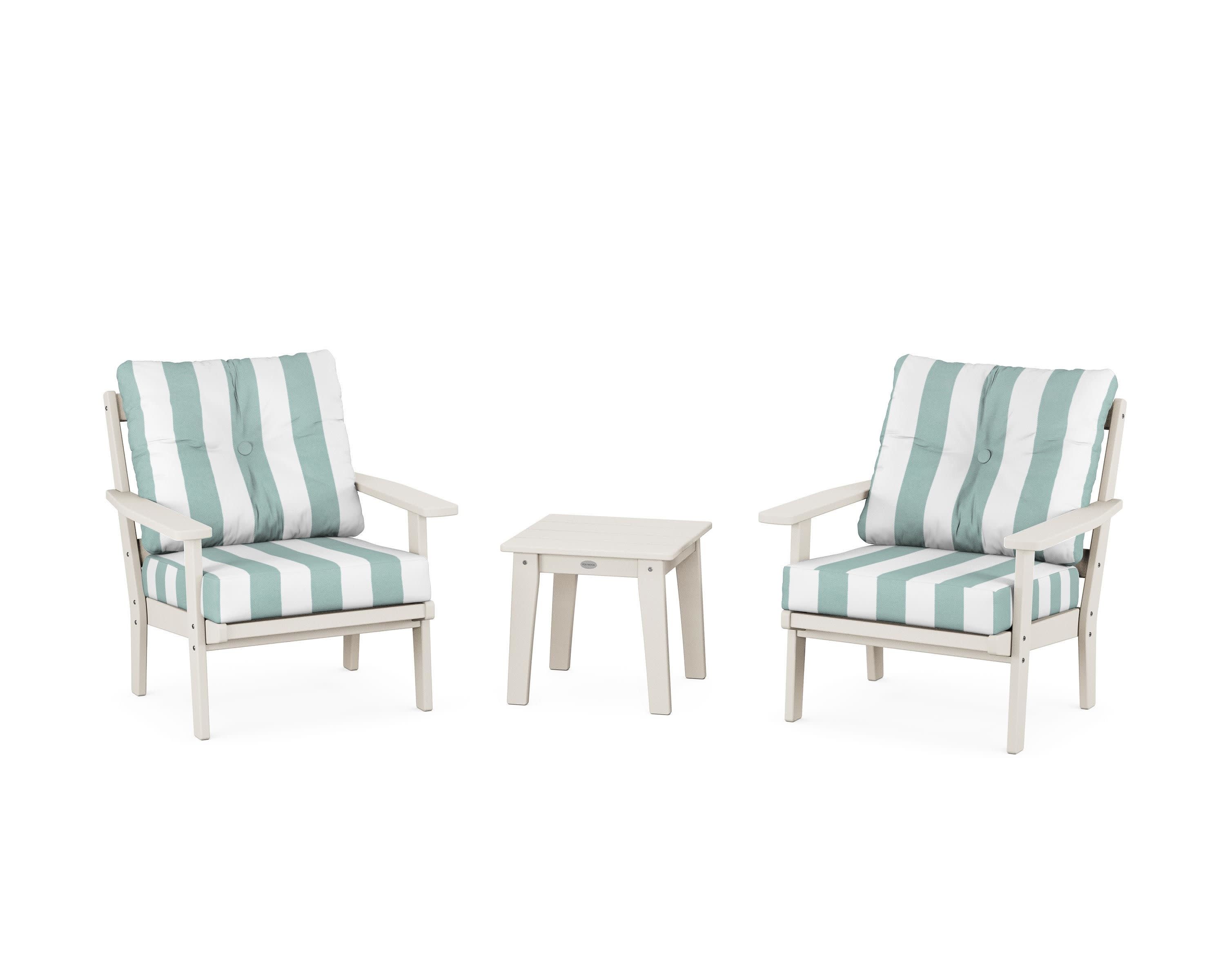 Prairie 3-Piece Deep Seating Set in Sand / Cabana Stripe Glacier Spa