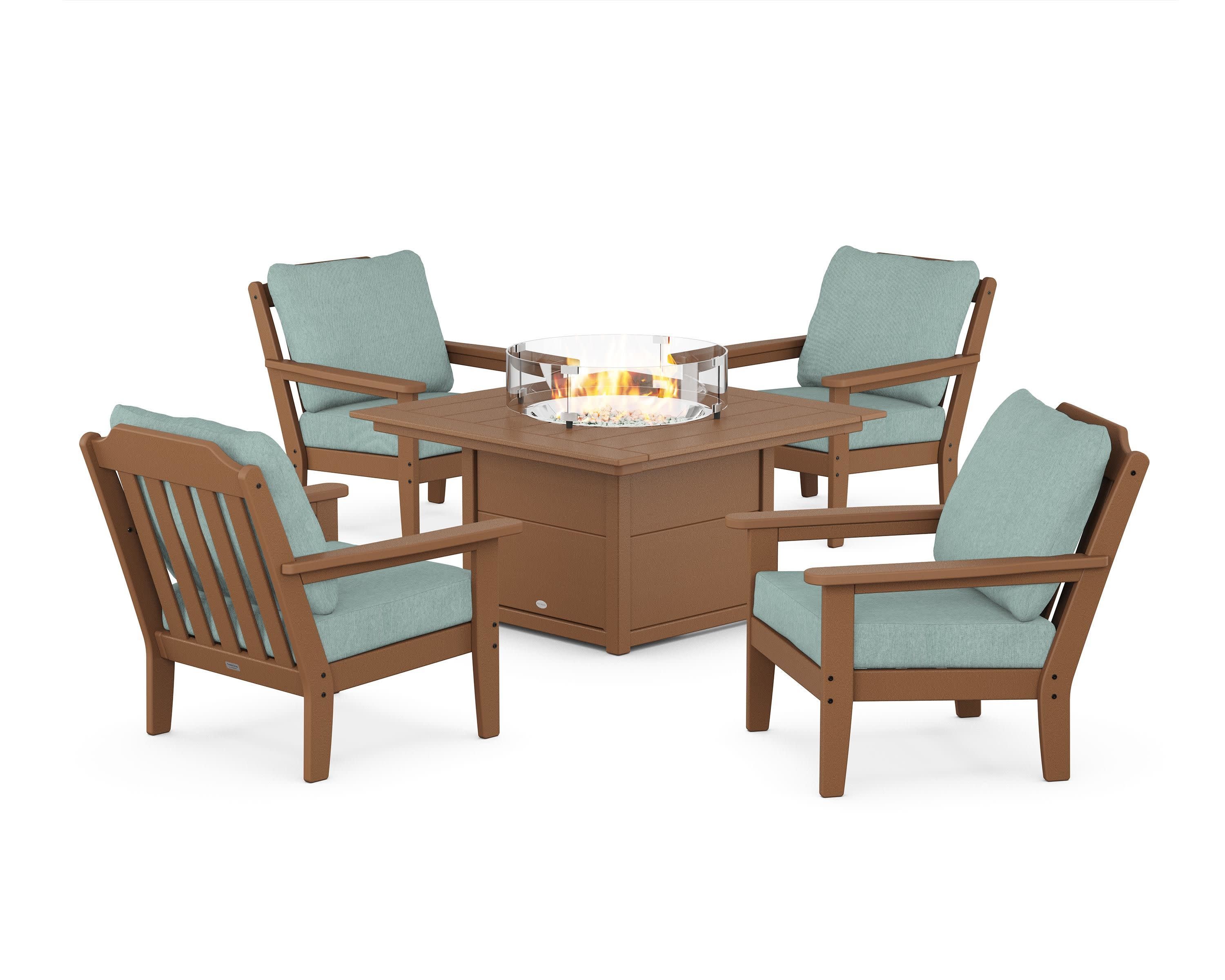 Cottage 5-Piece Deep Seating Set with Fire Pit Table in Teak / Glacier Spa