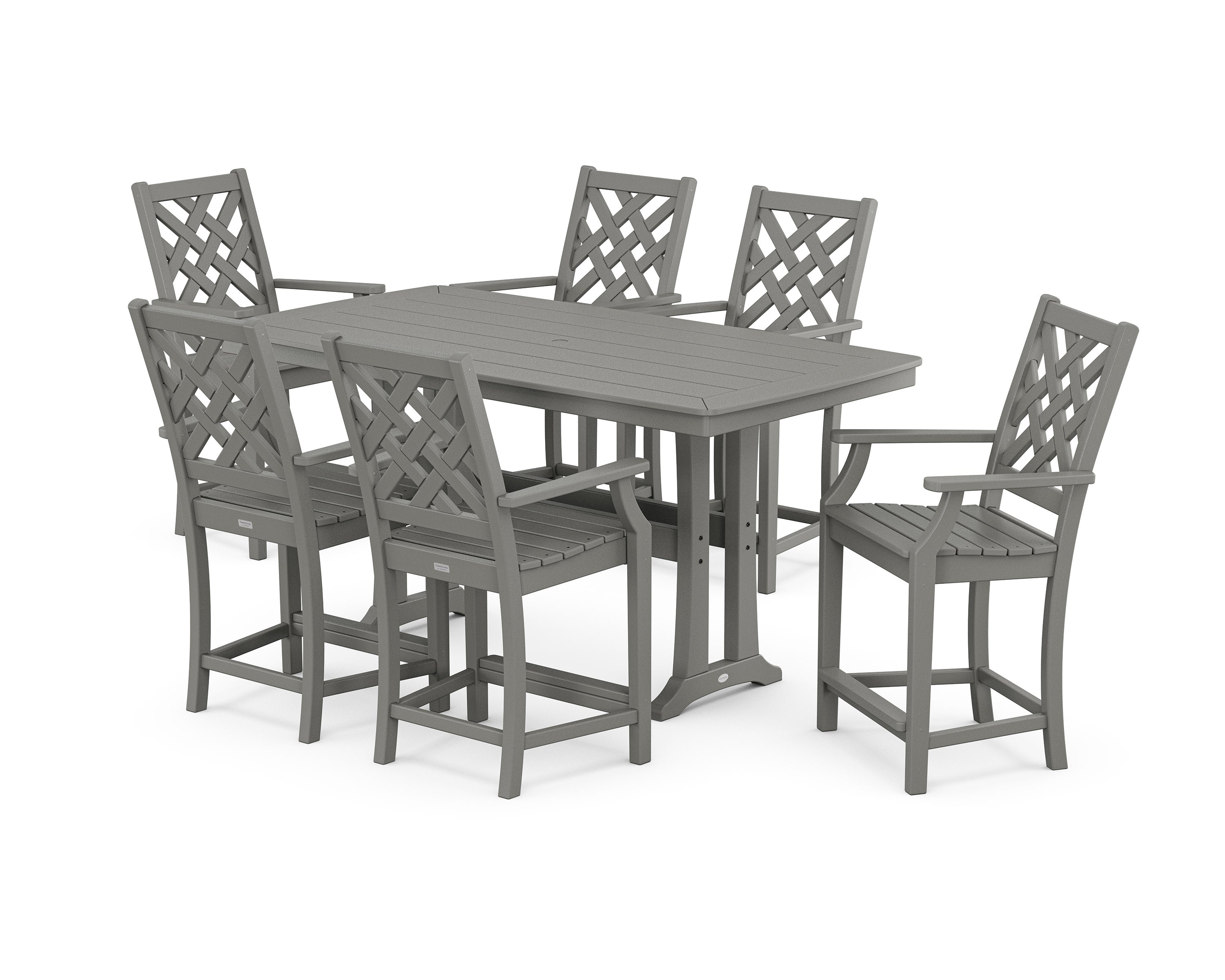 Wovendale Arm Chair 7-Piece Counter Set with Trestle Legs in Slate Grey