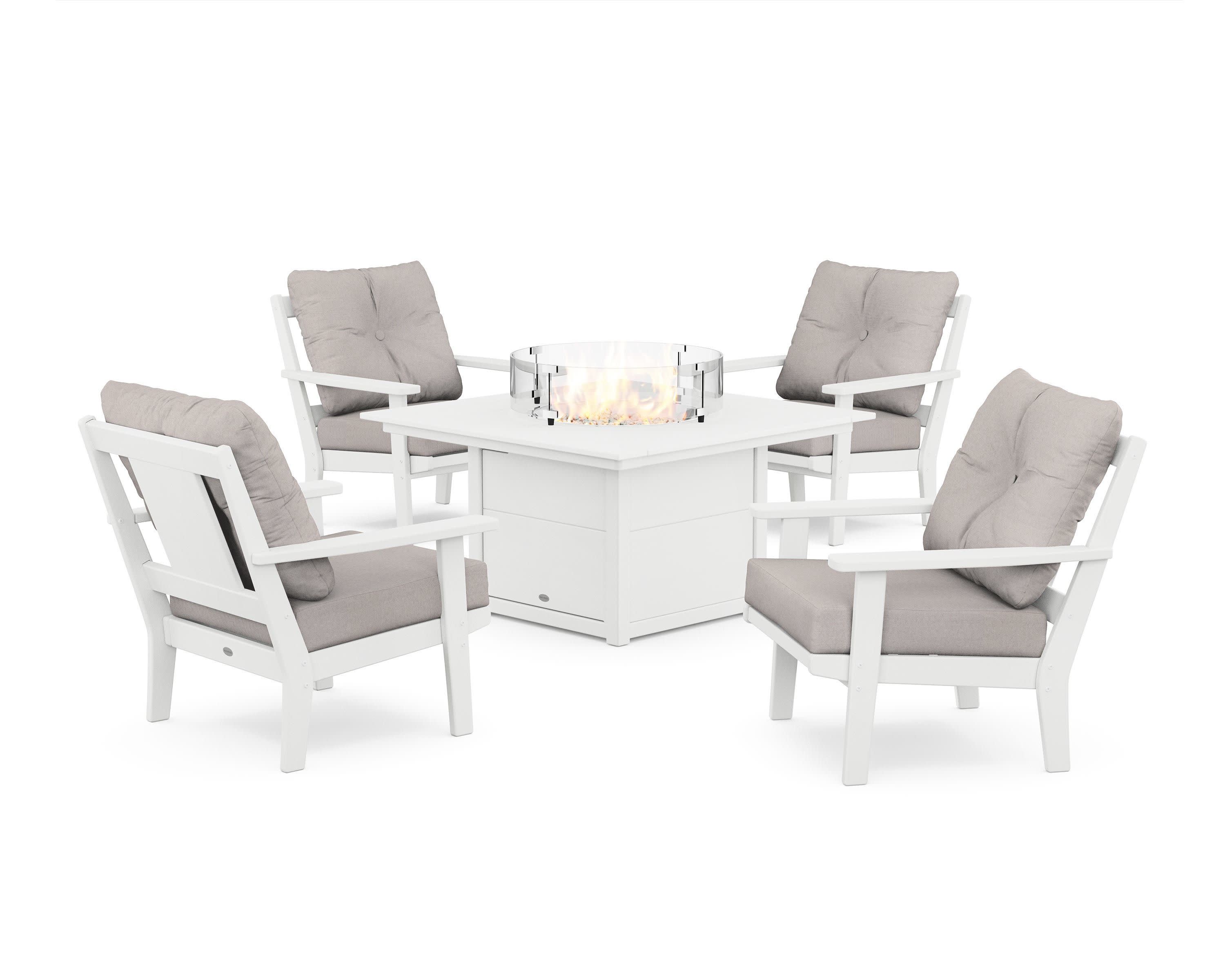 Prairie 5-Piece Deep Seating Set with Fire Pit Table in White / Dune Burlap
