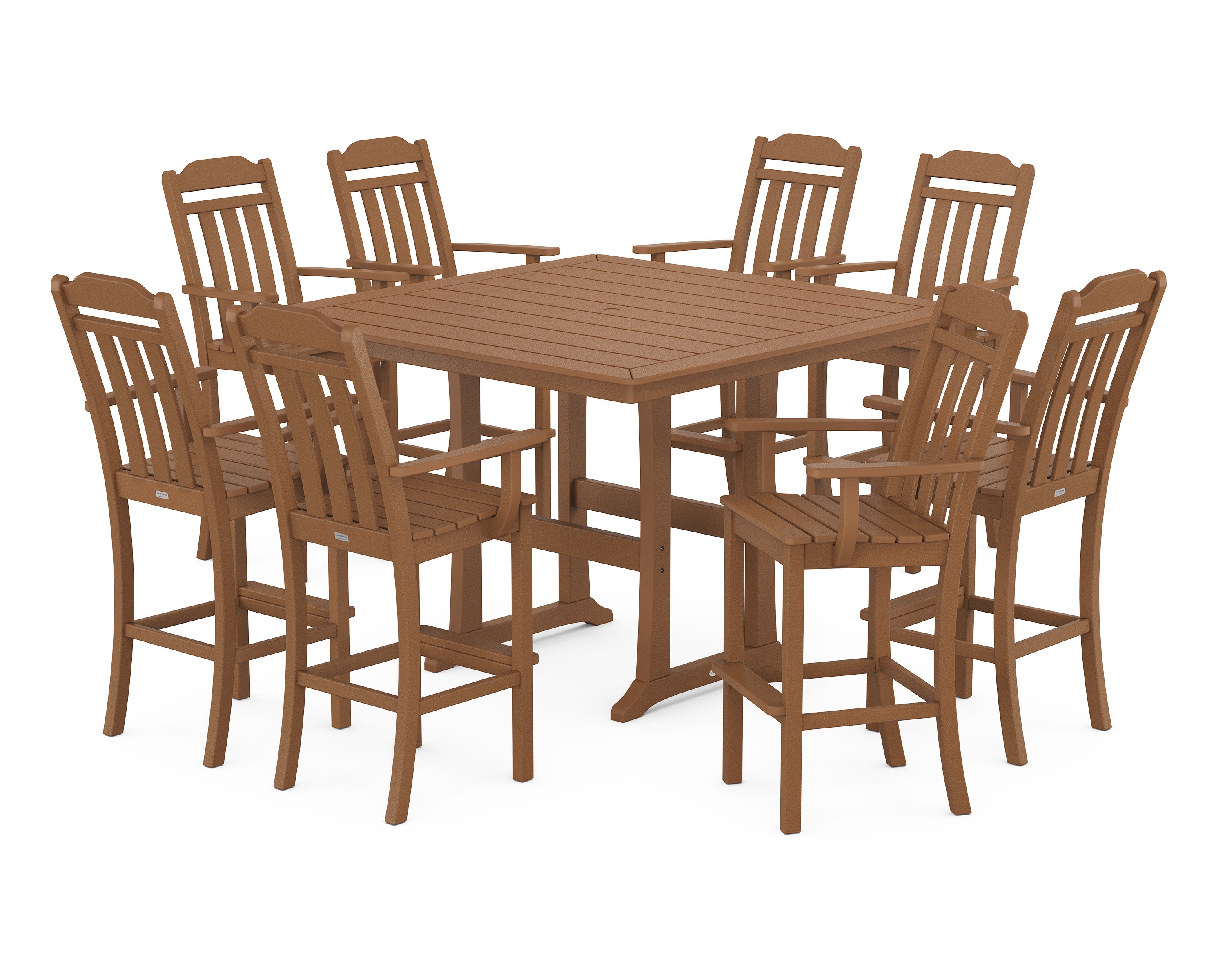 Cottage 9-Piece Bar Set with Trestle Legs in Teak