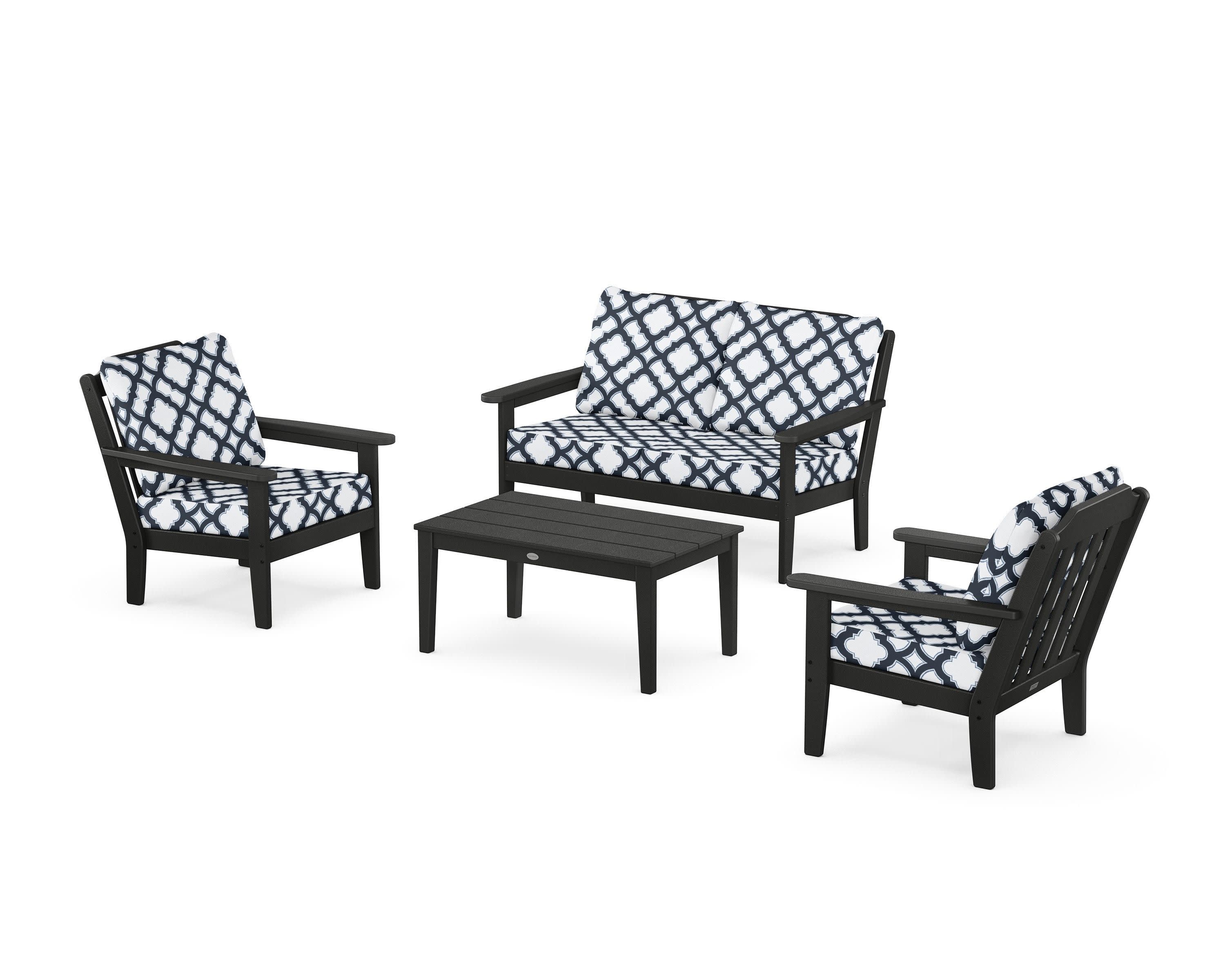 Cottage 4-Piece Deep Seating Set with Loveseat in Black / Trellis Marine Indigo