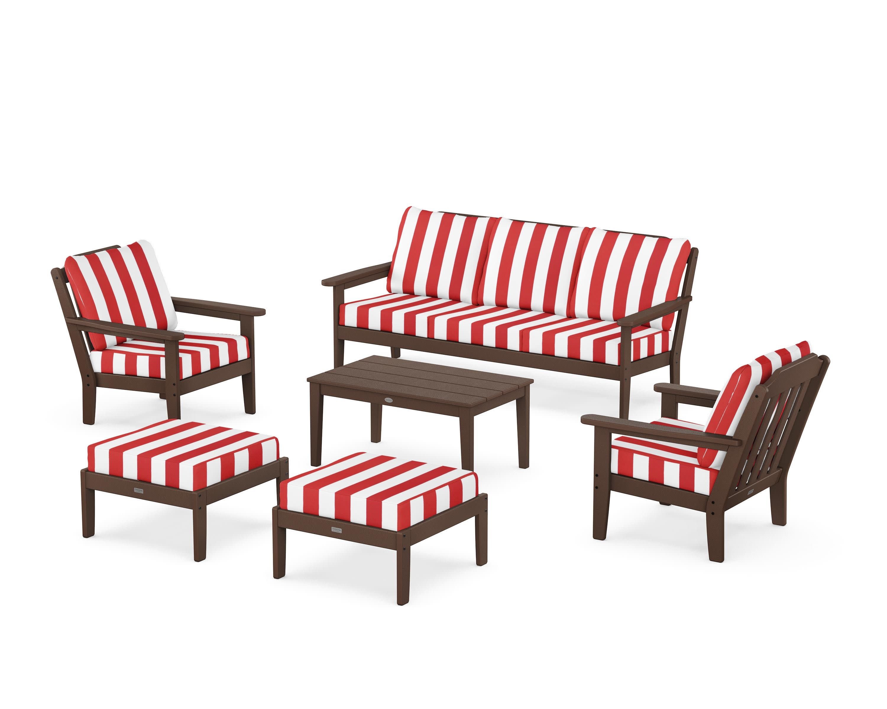 Cottage 6-Piece Lounge Sofa Set in Mahogany / Cabana Stripe Crimson