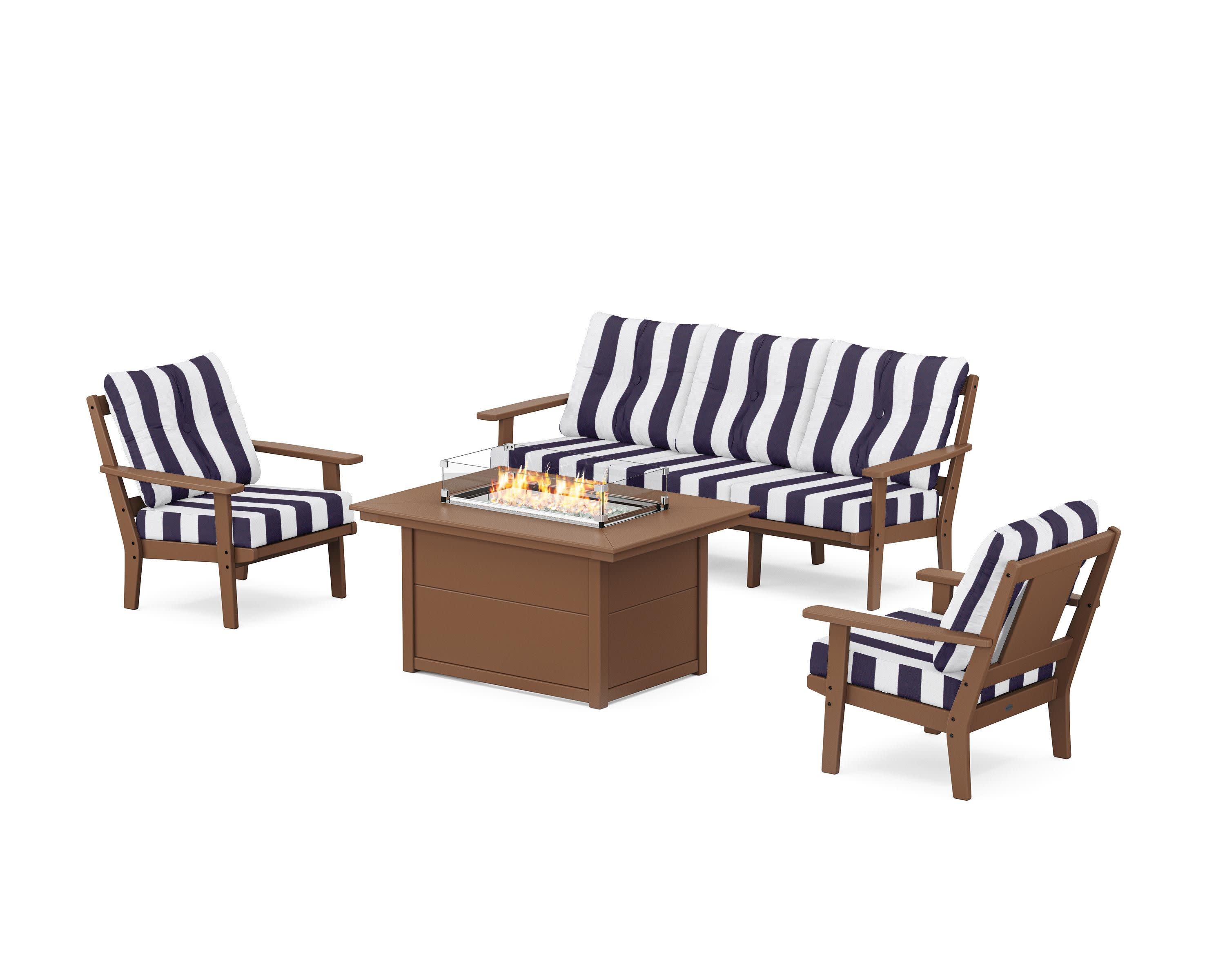 Prairie Deep Seating Fire Pit Table Set in Teak / Cabana Stripe Navy