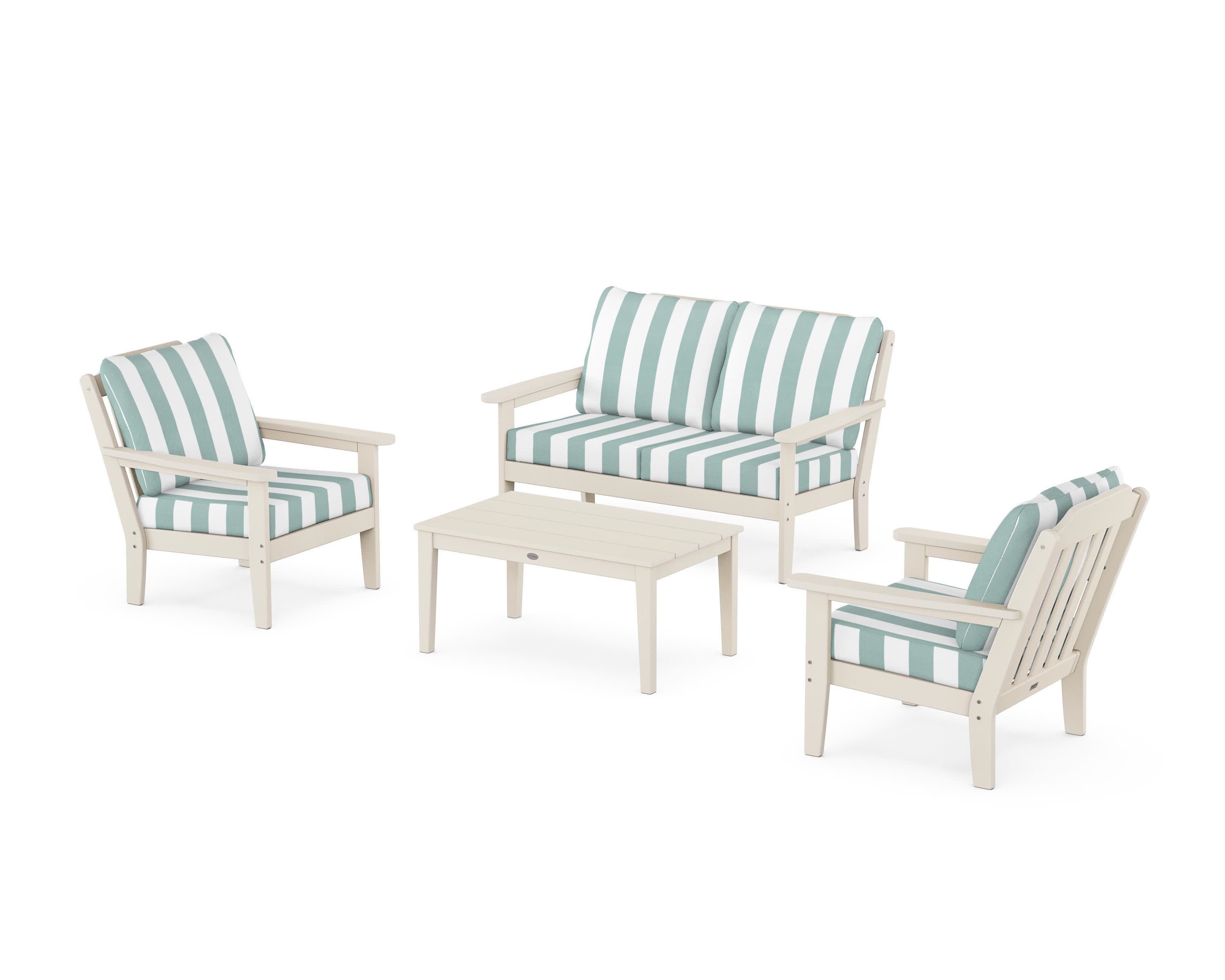 Cottage 4-Piece Deep Seating Set with Loveseat in Sand / Cabana Stripe Glacier Spa