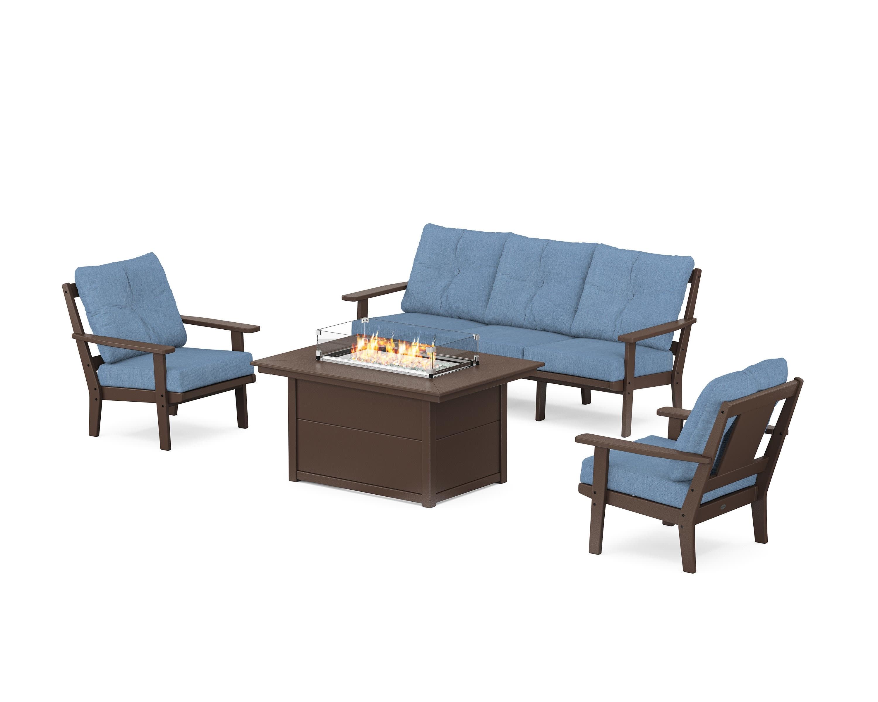 Prairie Deep Seating Fire Pit Table Set in Mahogany / Sky Blue