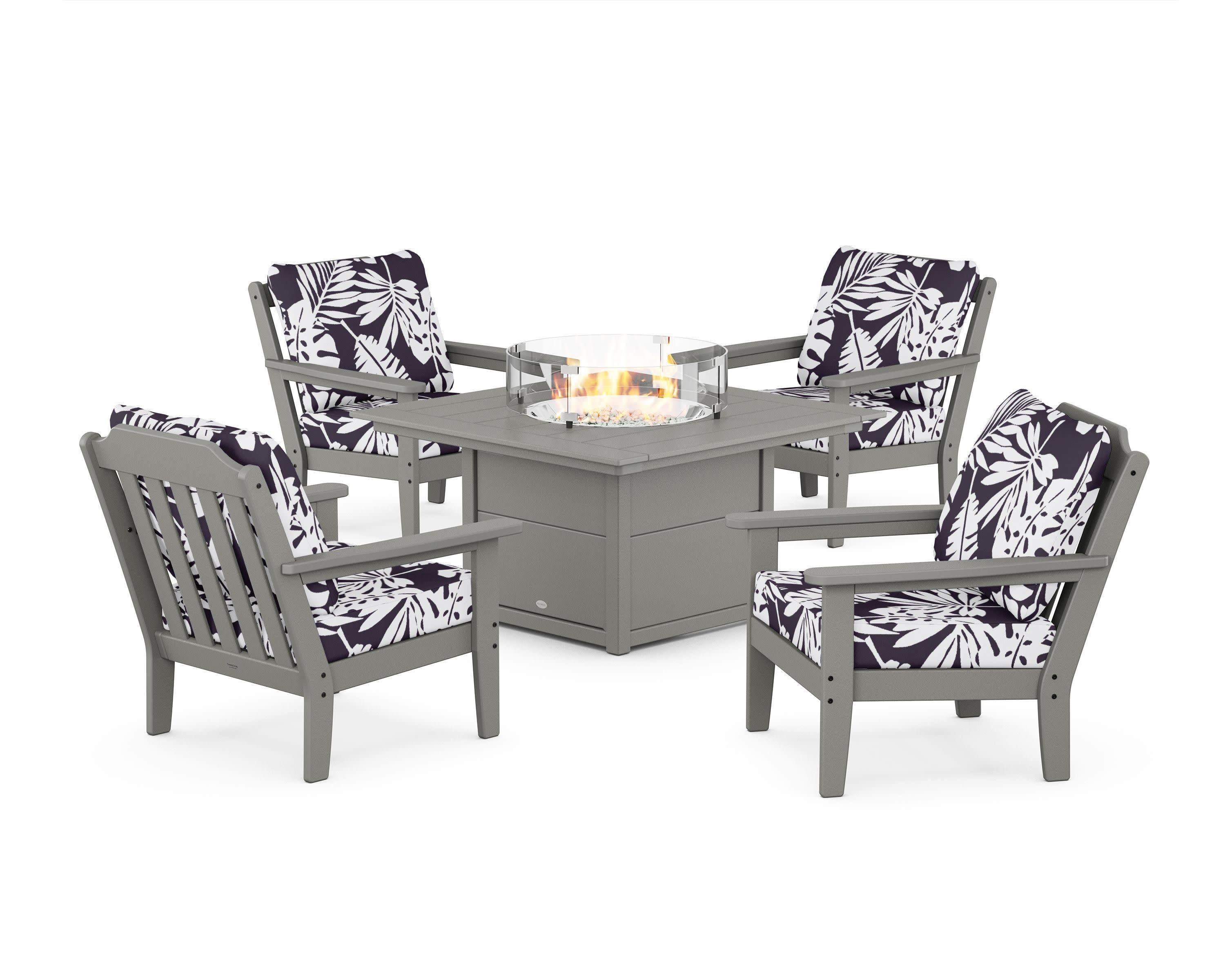 Cottage 5-Piece Deep Seating Set with Fire Pit Table in Slate Grey / Leaf Navy