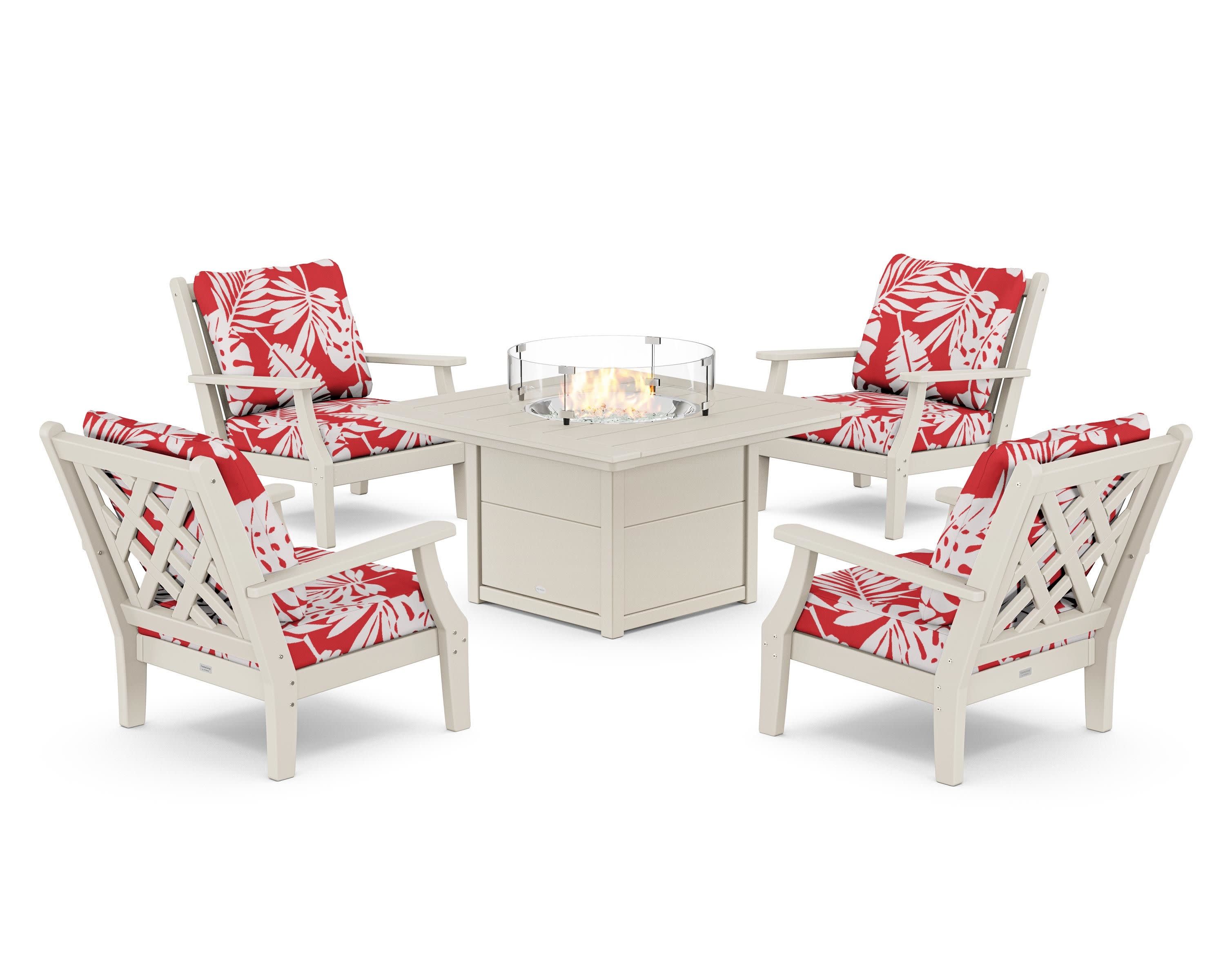 Wovendale 5-Piece Deep Seating Set with Fire Pit Table in Sand / Leaf Crimson