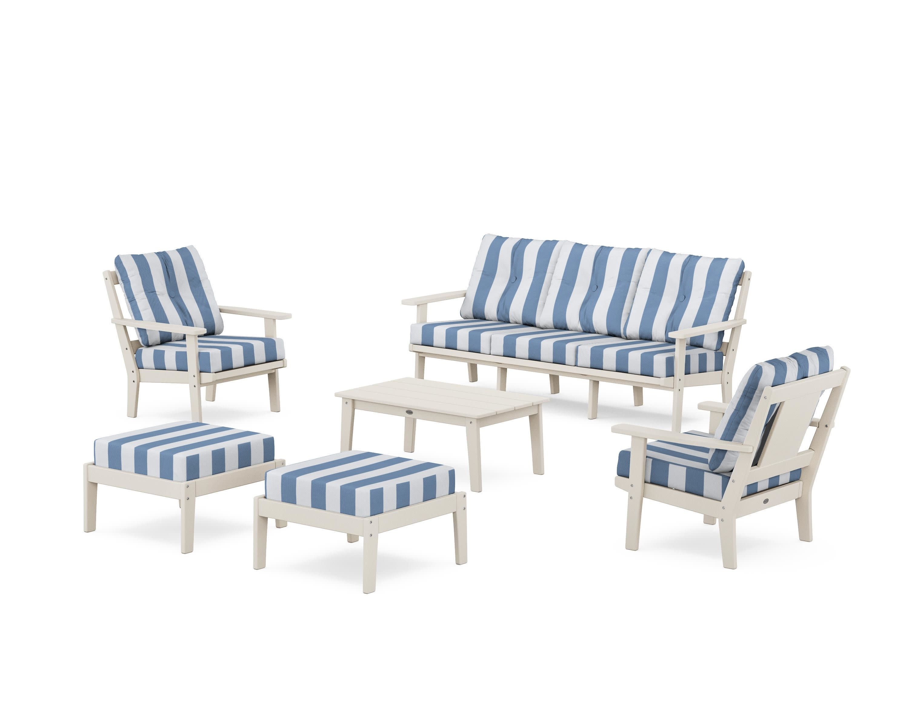 Prairie 6-Piece Lounge Sofa Set in Sand / Cabana Stripe Sky Blue