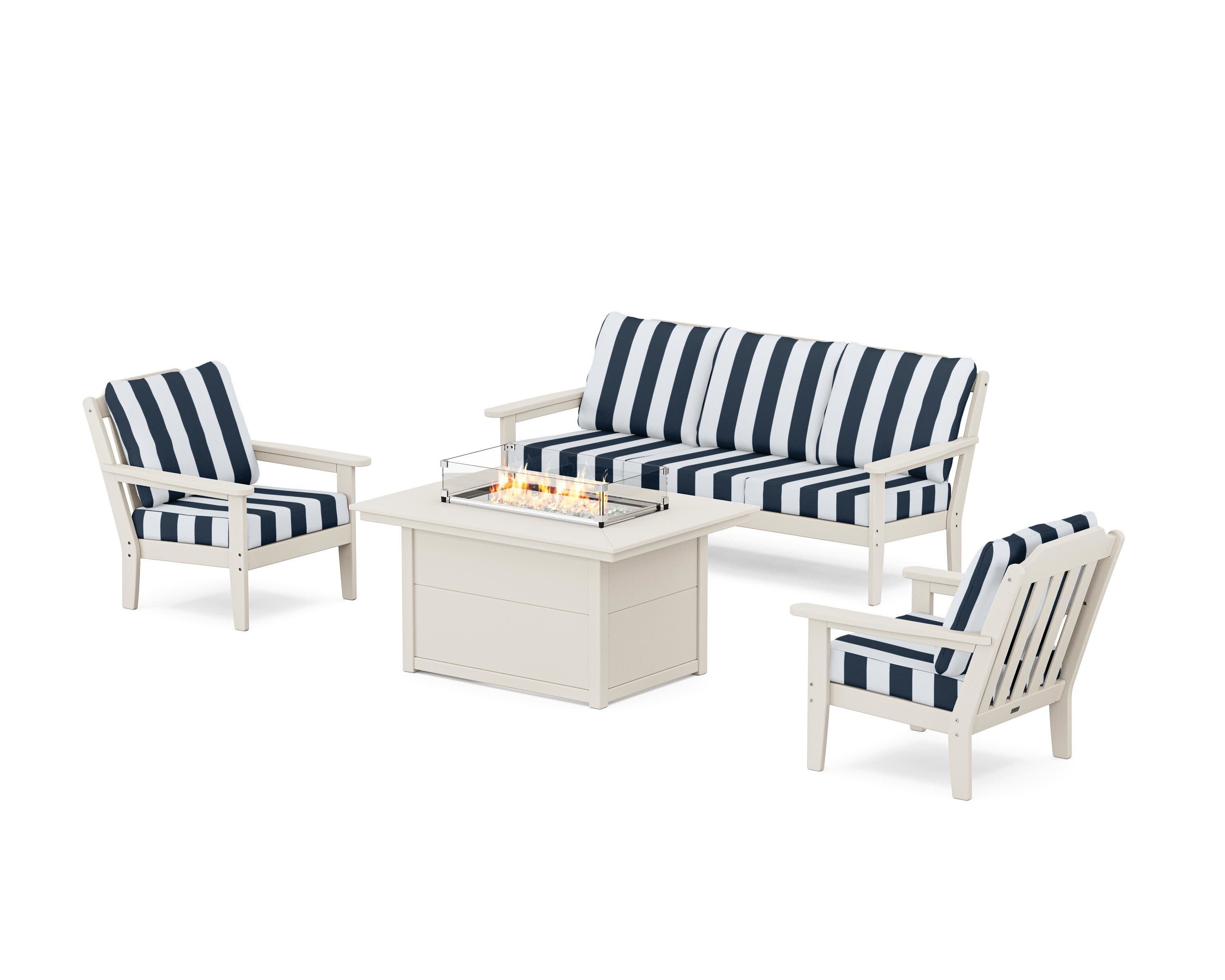 Cottage Deep Seating Fire Pit Table Set in Sand / Cabana Stripe Marine Indigo