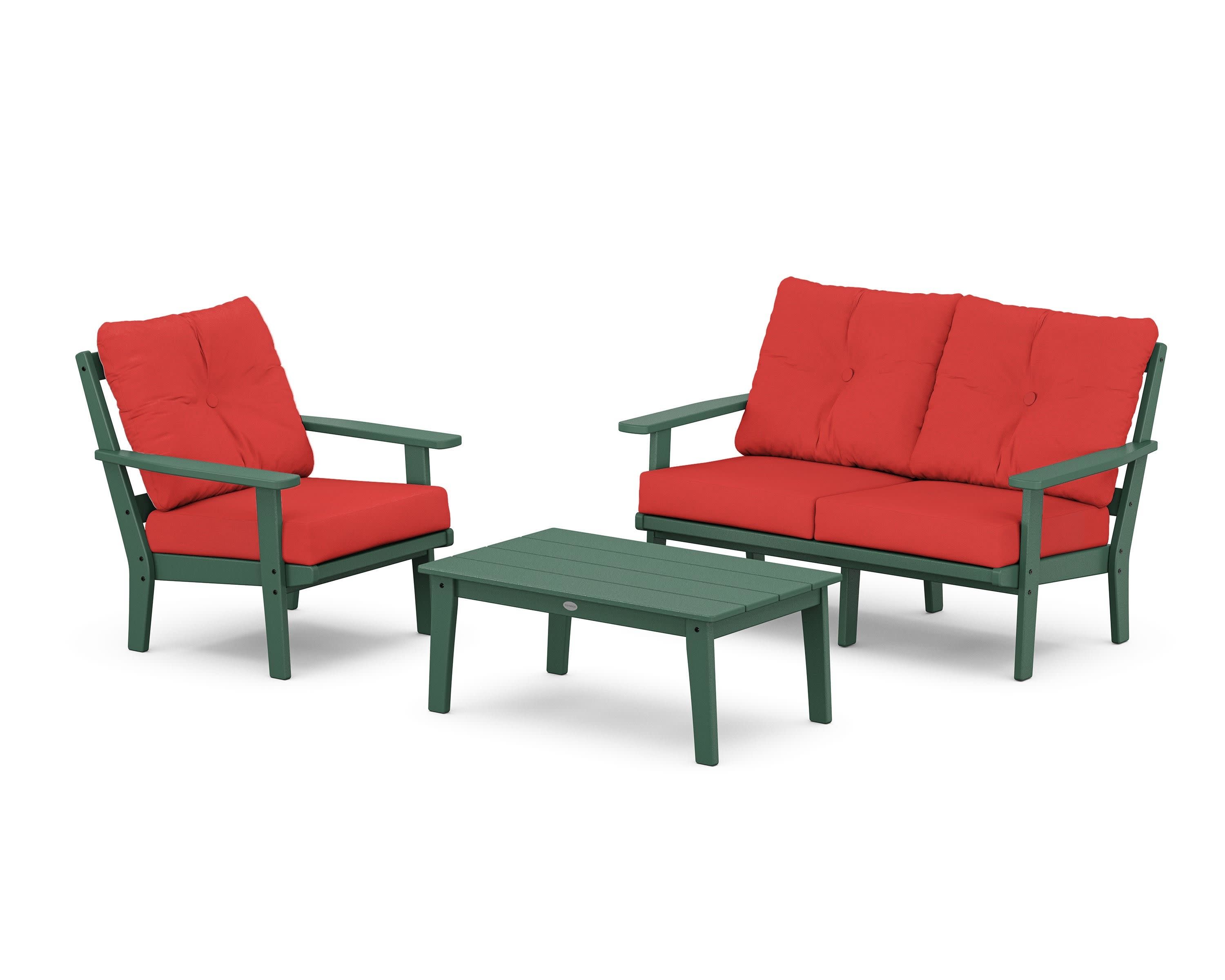 Prairie 3-Piece Deep Seating Set with Loveseat in Green / Crimson Linen