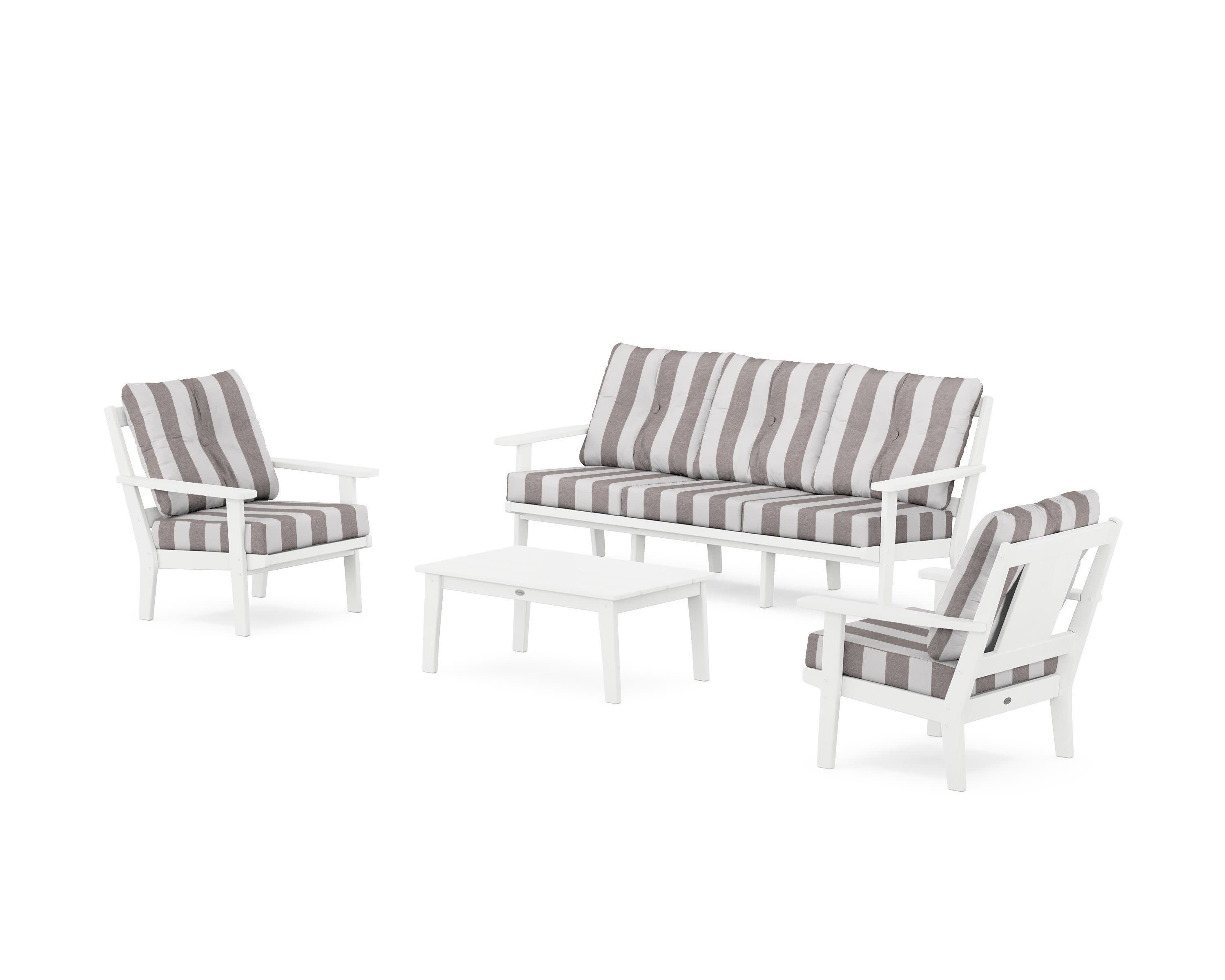 Prairie 4-Piece Deep Seating Set with Sofa in White / Cabana Stripe Grey Mist