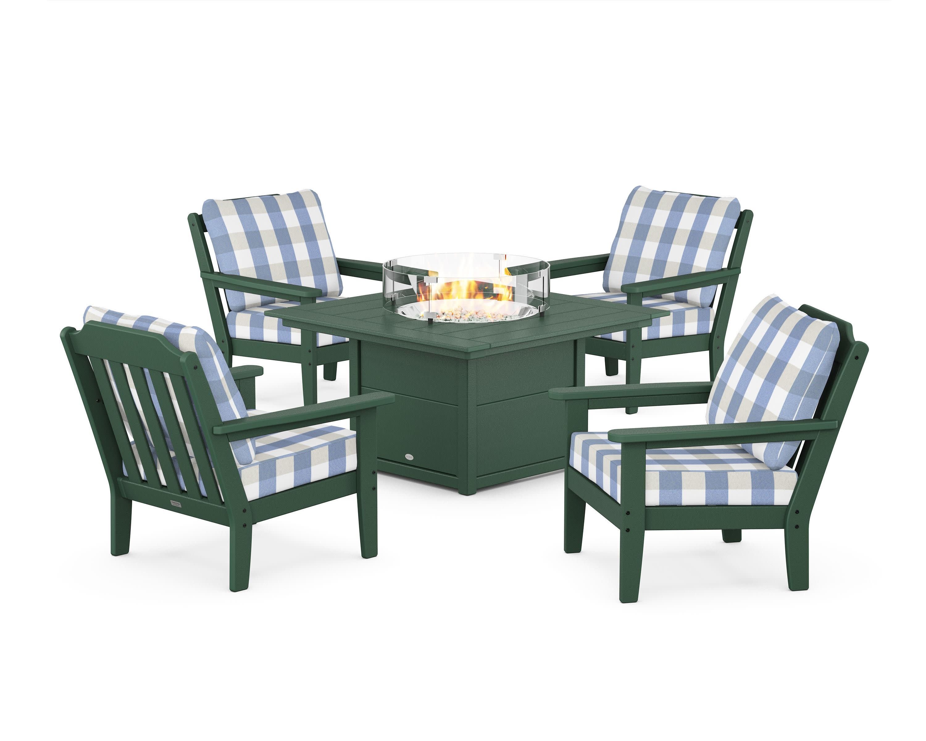 Cottage 5-Piece Deep Seating Set with Fire Pit Table in Green / Buffalo Plaid Sky Blue