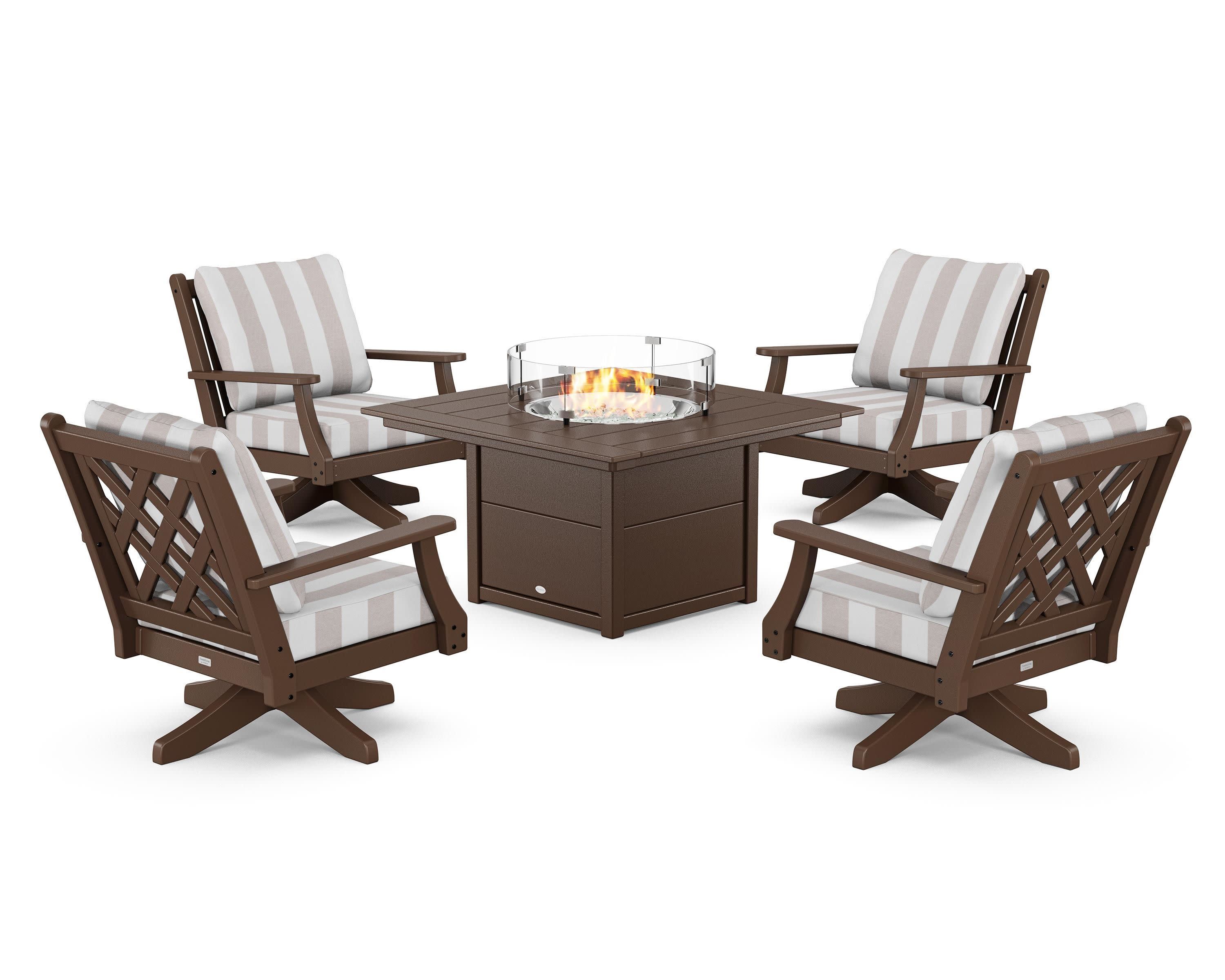 Wovendale 5-Piece Deep Seating Swivel Conversation Set with Fire Pit Table in Mahogany / Cabana Stripe Dune Burlap