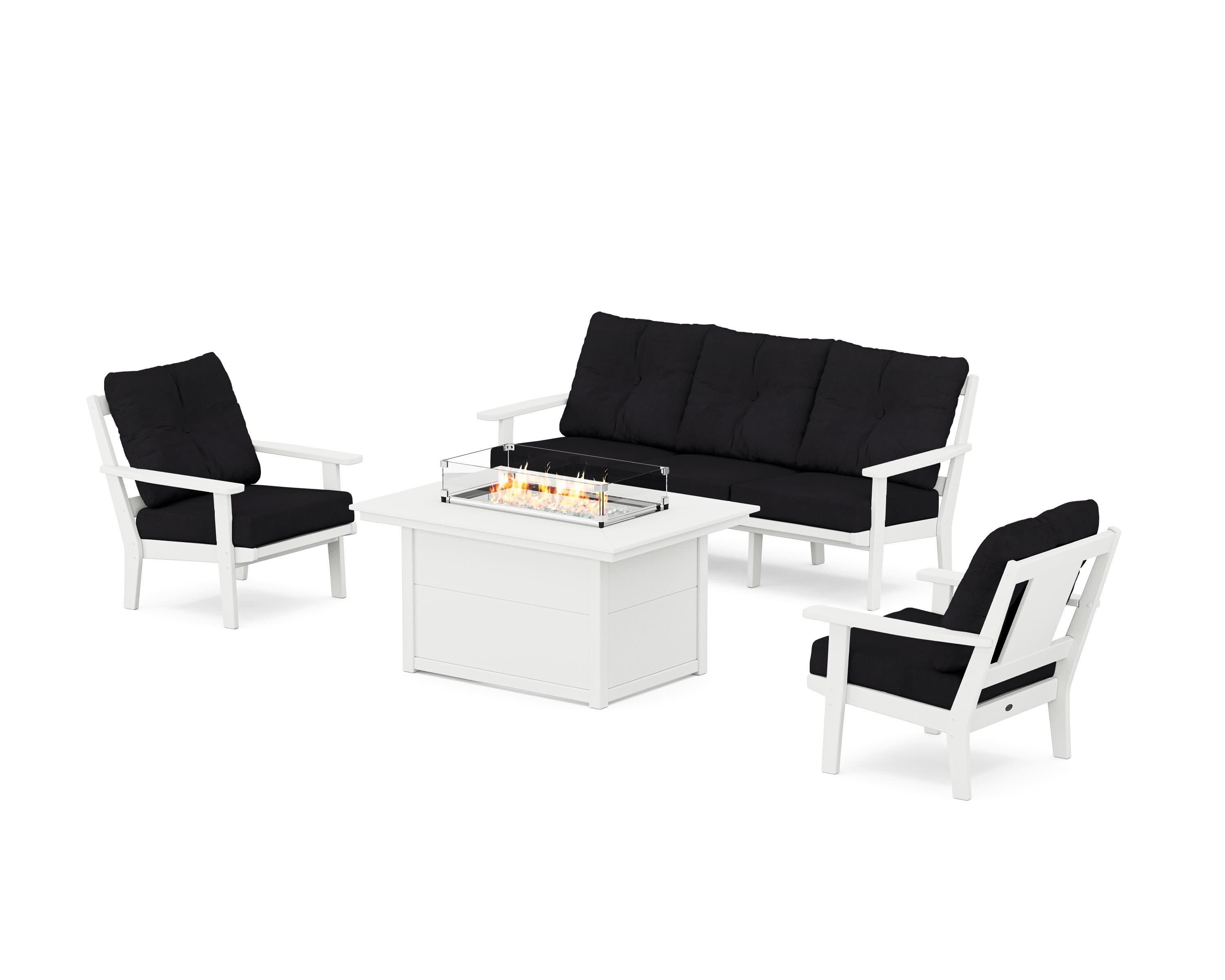 Prairie Deep Seating Fire Pit Table Set in White / Midnight Linen
