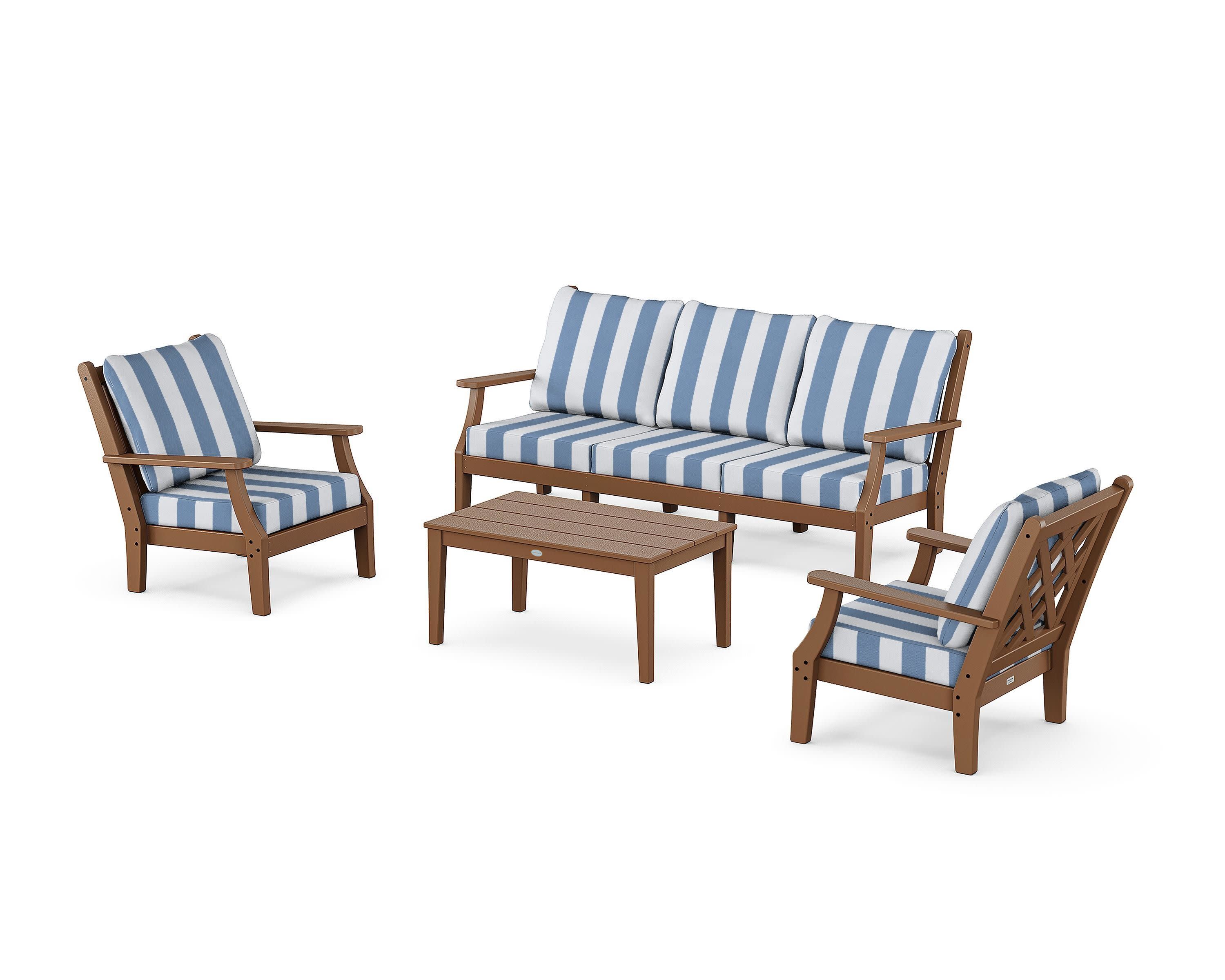 Wovendale 4-Piece Deep Seating Set with Sofa in Teak / Cabana Stripe Sky Blue