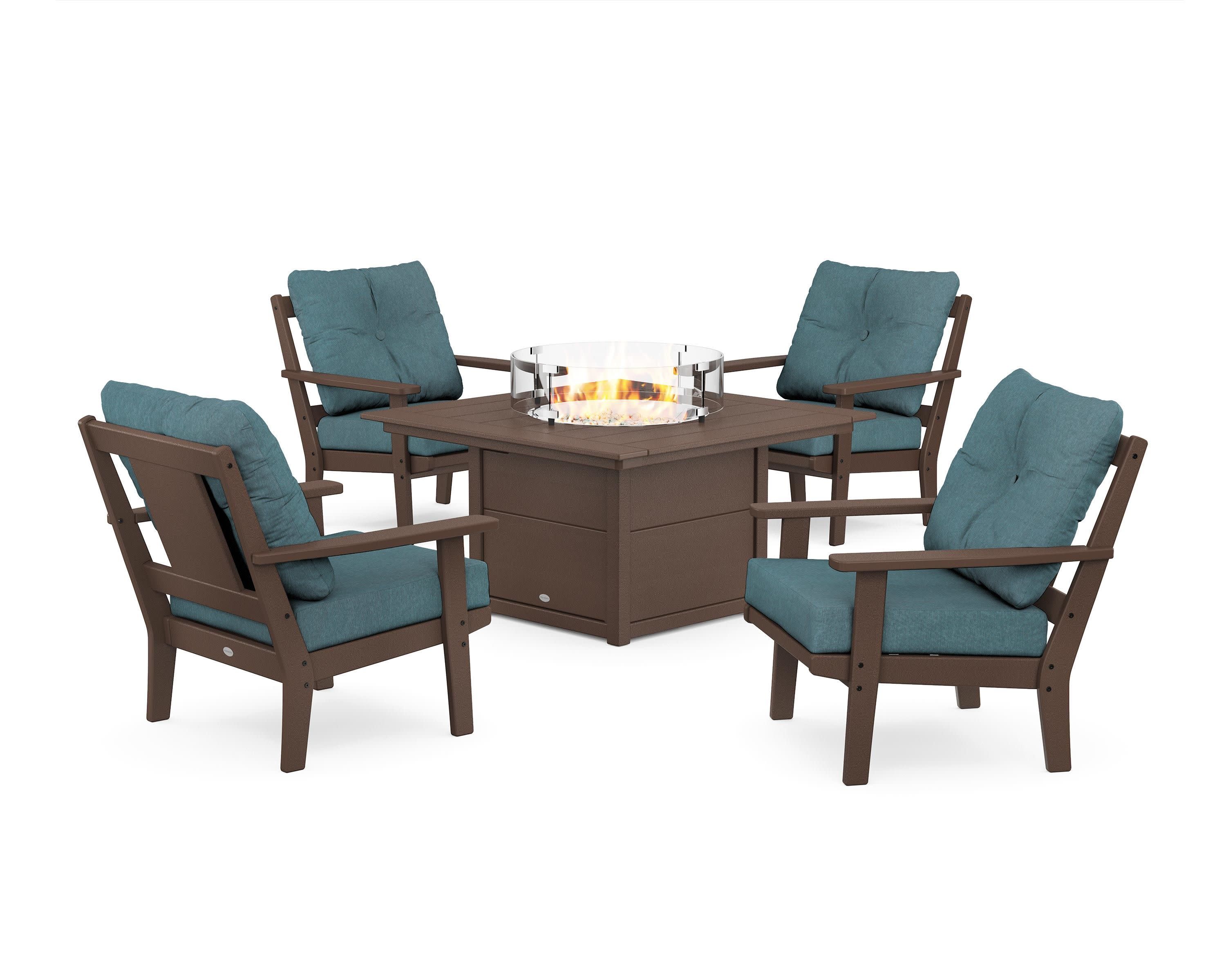 Prairie 5-Piece Deep Seating Set with Fire Pit Table in Mahogany / Ocean Teal