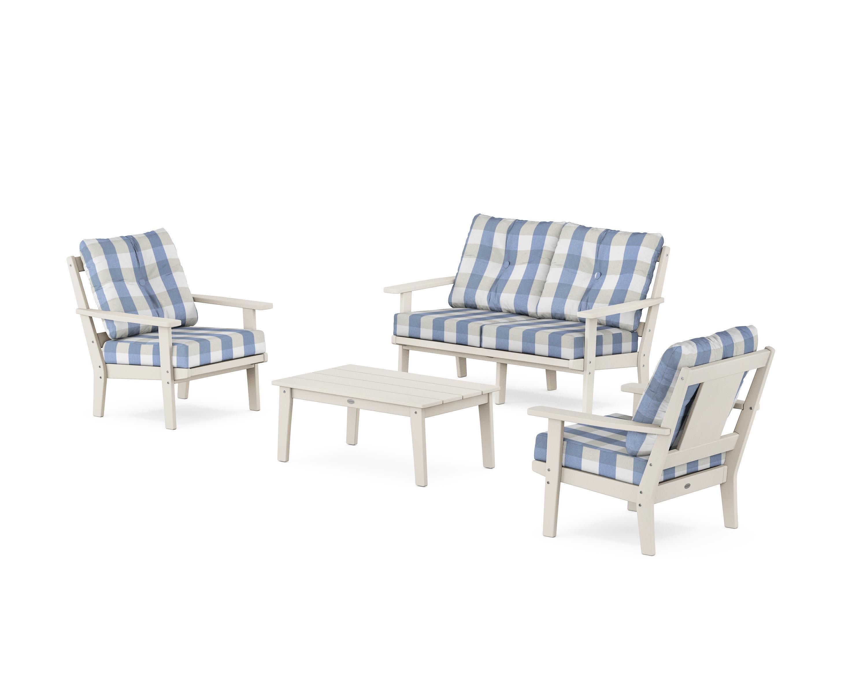 Prairie 4-Piece Deep Seating Set with Loveseat in Sand / Buffalo Plaid Sky Blue