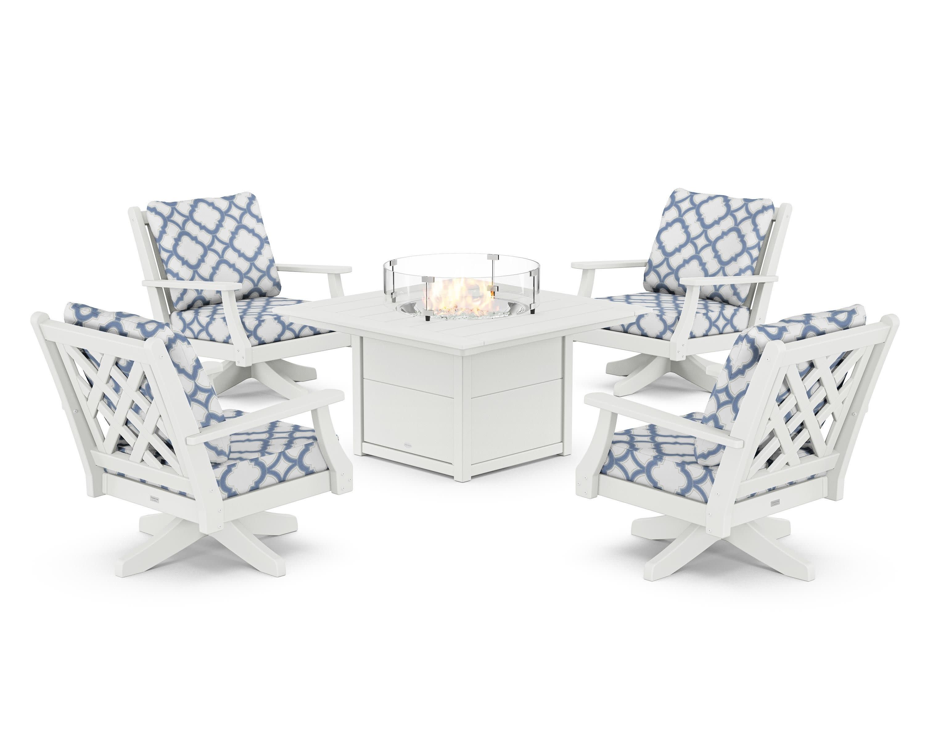 Wovendale 5-Piece Deep Seating Swivel Conversation Set with Fire Pit Table in White / Trellis Sky Blue