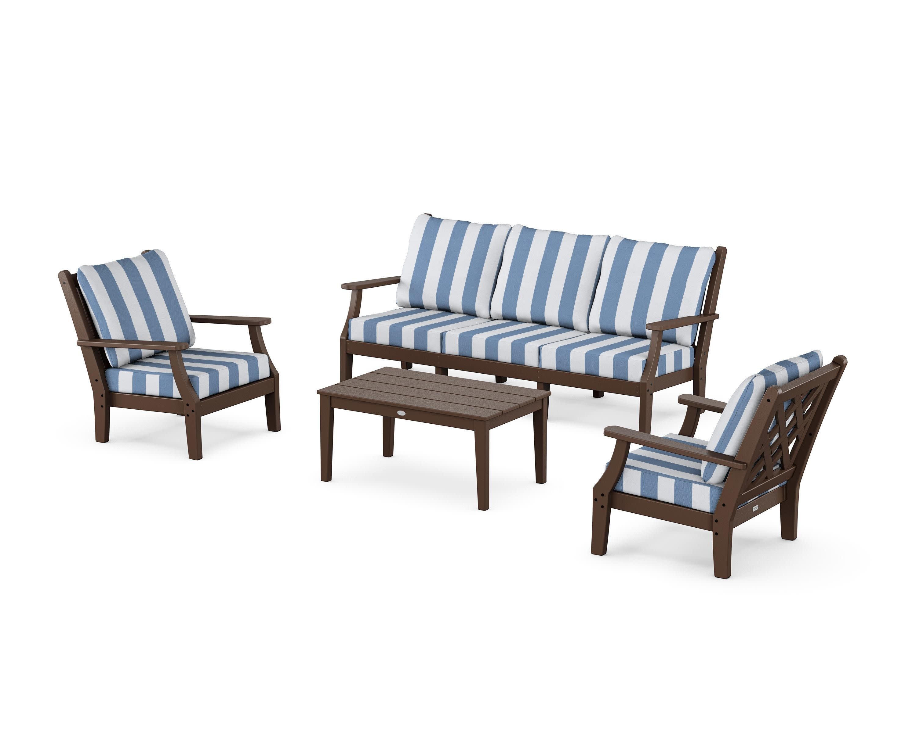 Wovendale 4-Piece Deep Seating Set with Sofa in Mahogany / Cabana Stripe Sky Blue