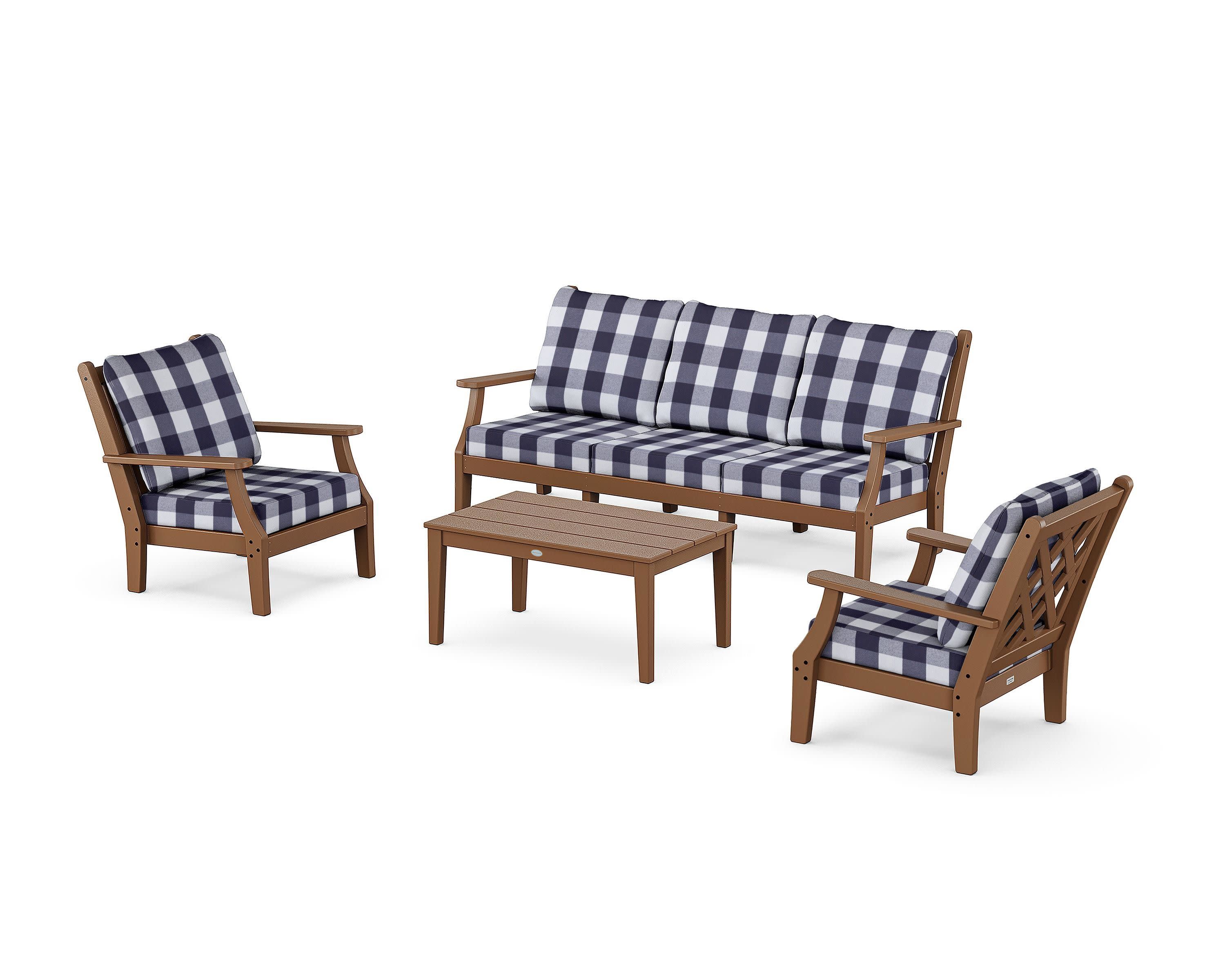 Wovendale 4-Piece Deep Seating Set with Sofa in Teak / Buffalo Plaid Navy