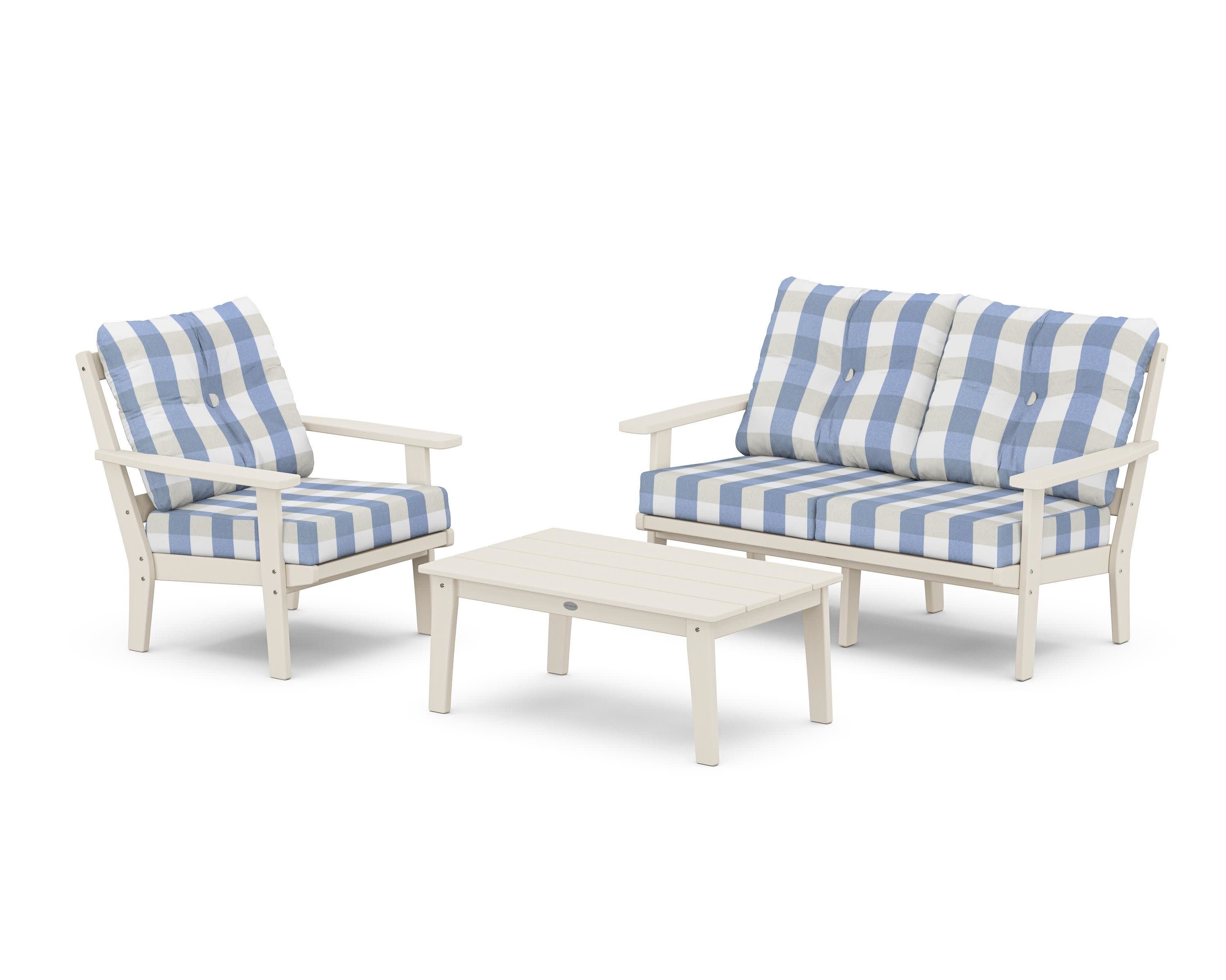 Prairie 3-Piece Deep Seating Set with Loveseat in Sand / Buffalo Plaid Sky Blue