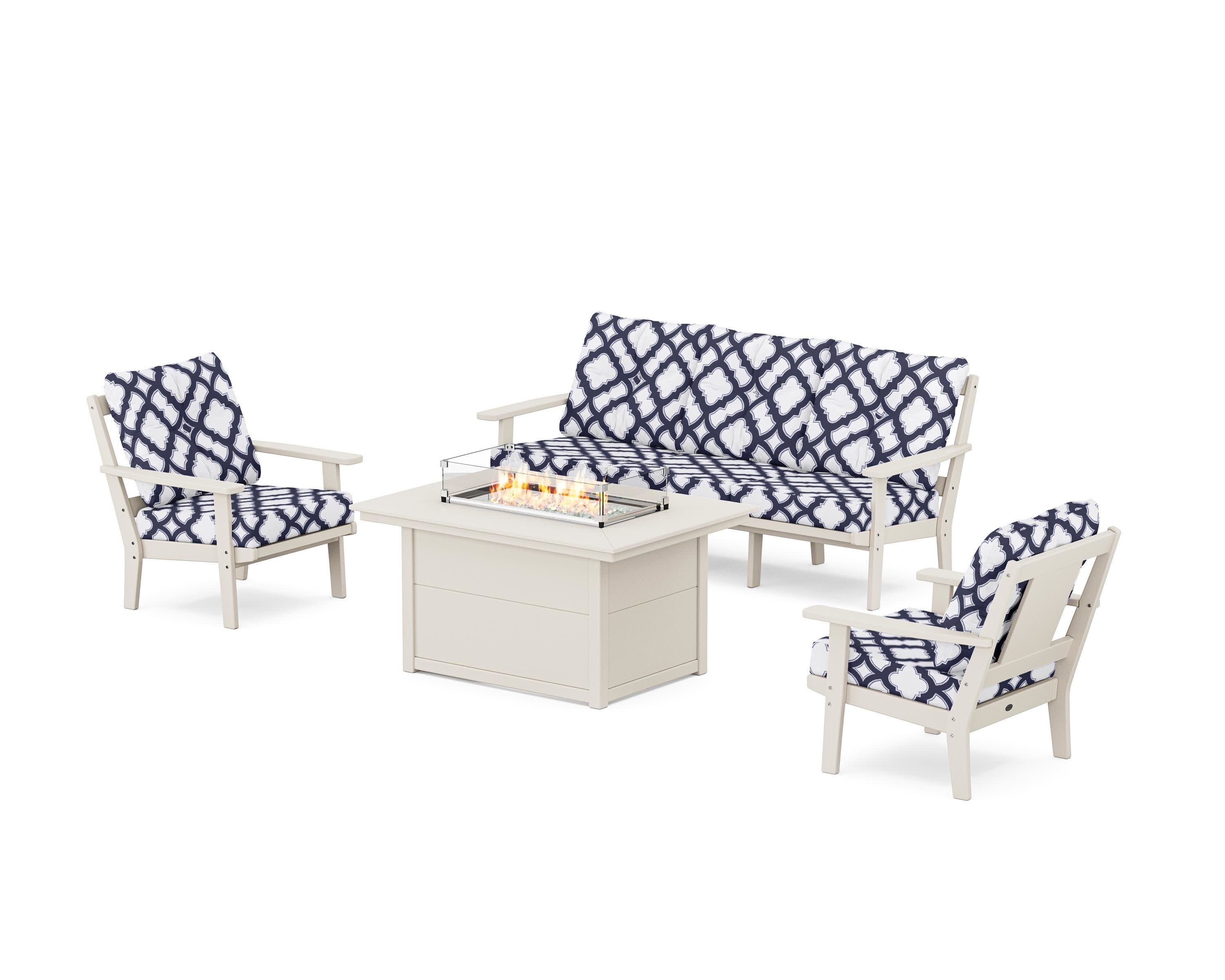 Prairie Deep Seating Fire Pit Table Set in Sand / Trellis Navy