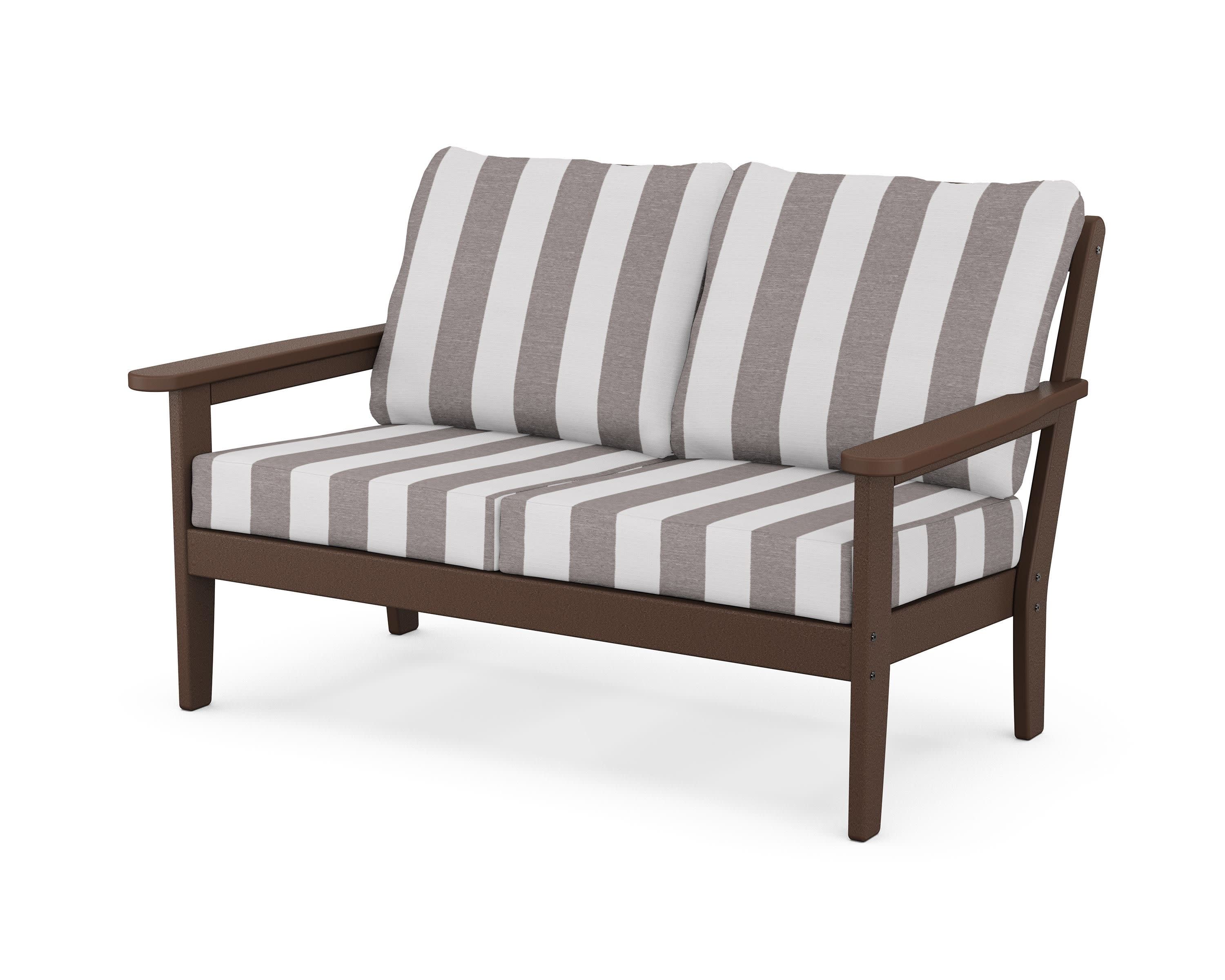 Cottage Deep Seating Loveseat in Mahogany / Cabana Stripe Grey Mist