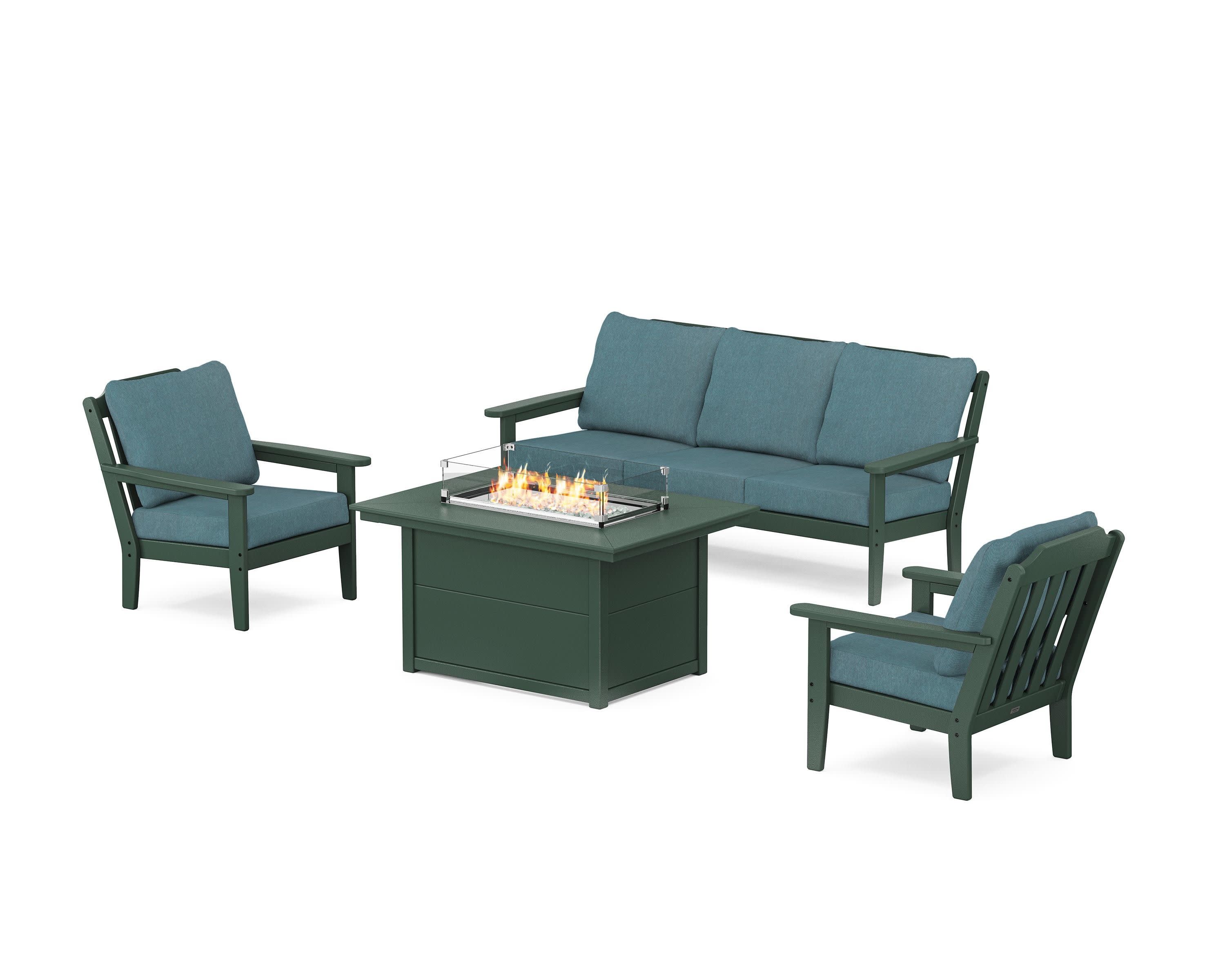 Cottage Deep Seating Fire Pit Table Set in Green / Ocean Teal