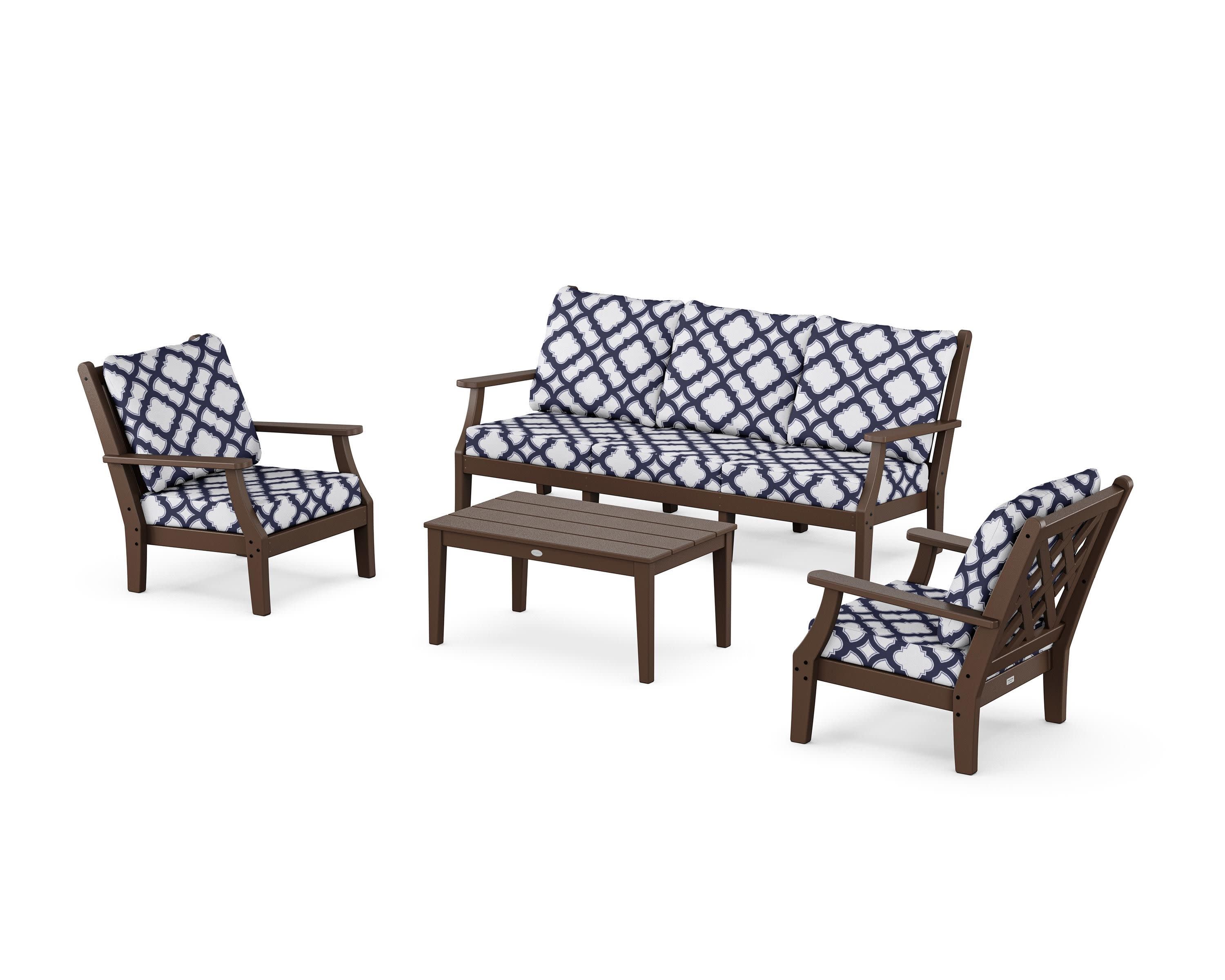 Wovendale 4-Piece Deep Seating Set with Sofa in Mahogany / Trellis Navy