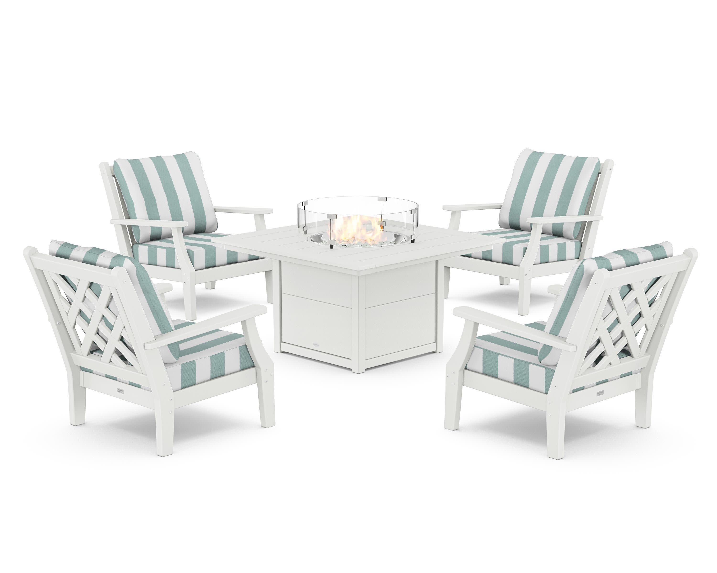 Wovendale 5-Piece Deep Seating Set with Fire Pit Table in White / Cabana Stripe Glacier Spa