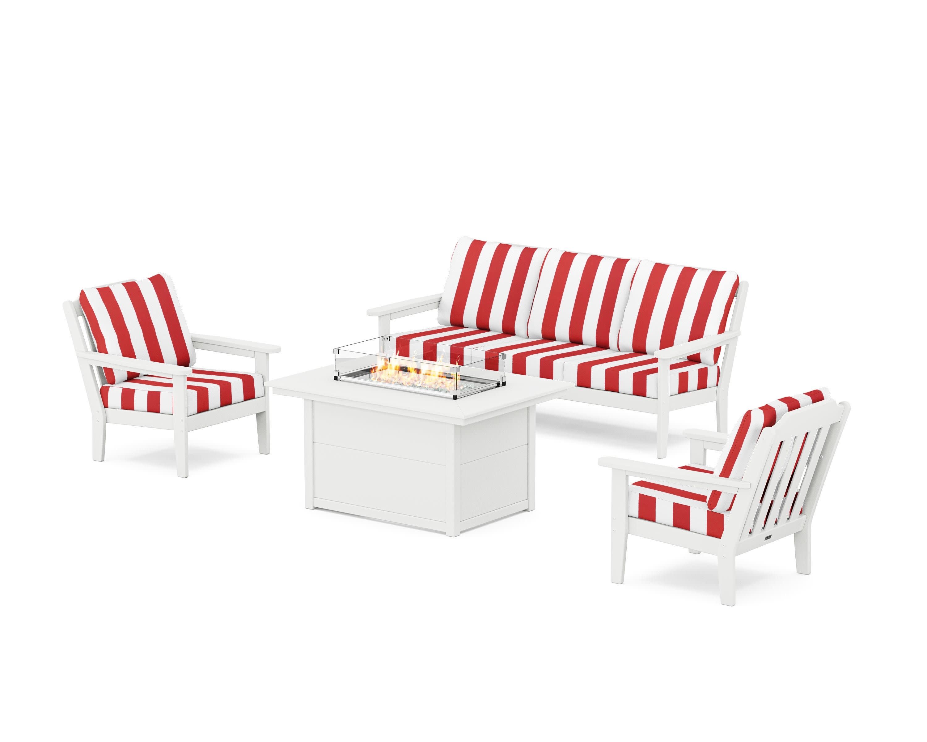 Cottage Deep Seating Fire Pit Table Set in White / Cabana Stripe Crimson